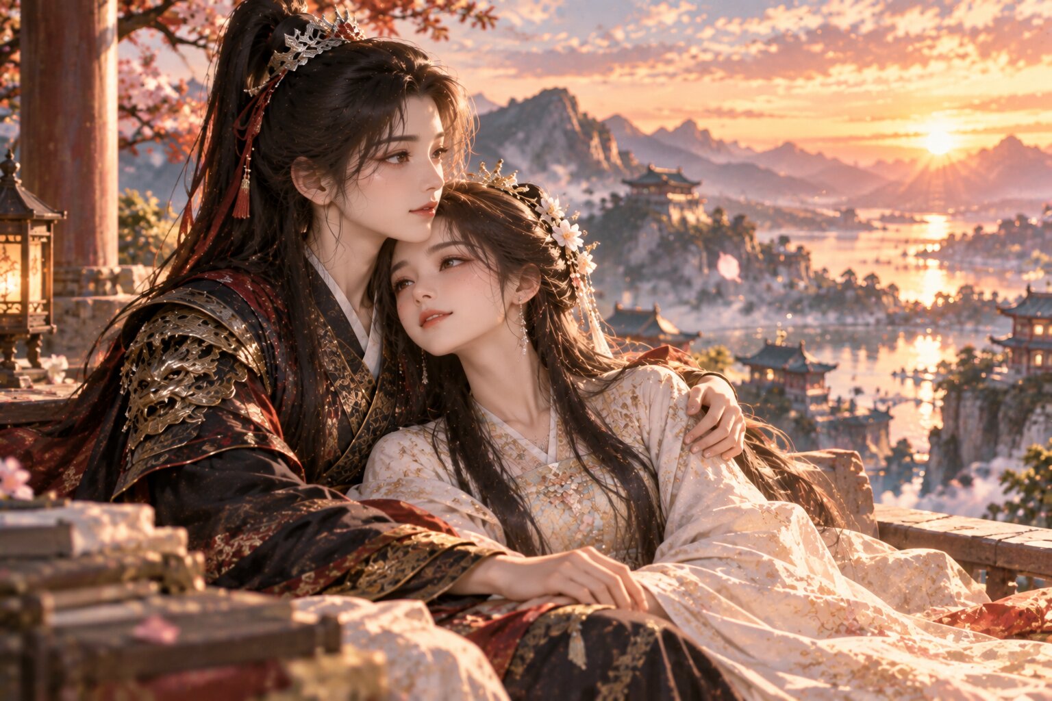 Hai cô gái trưởng thành đứng cạnh nhau dưới ánh nắng cuối ngày, tạo cảm giác bình yên sau một hành trình tình cảm dài