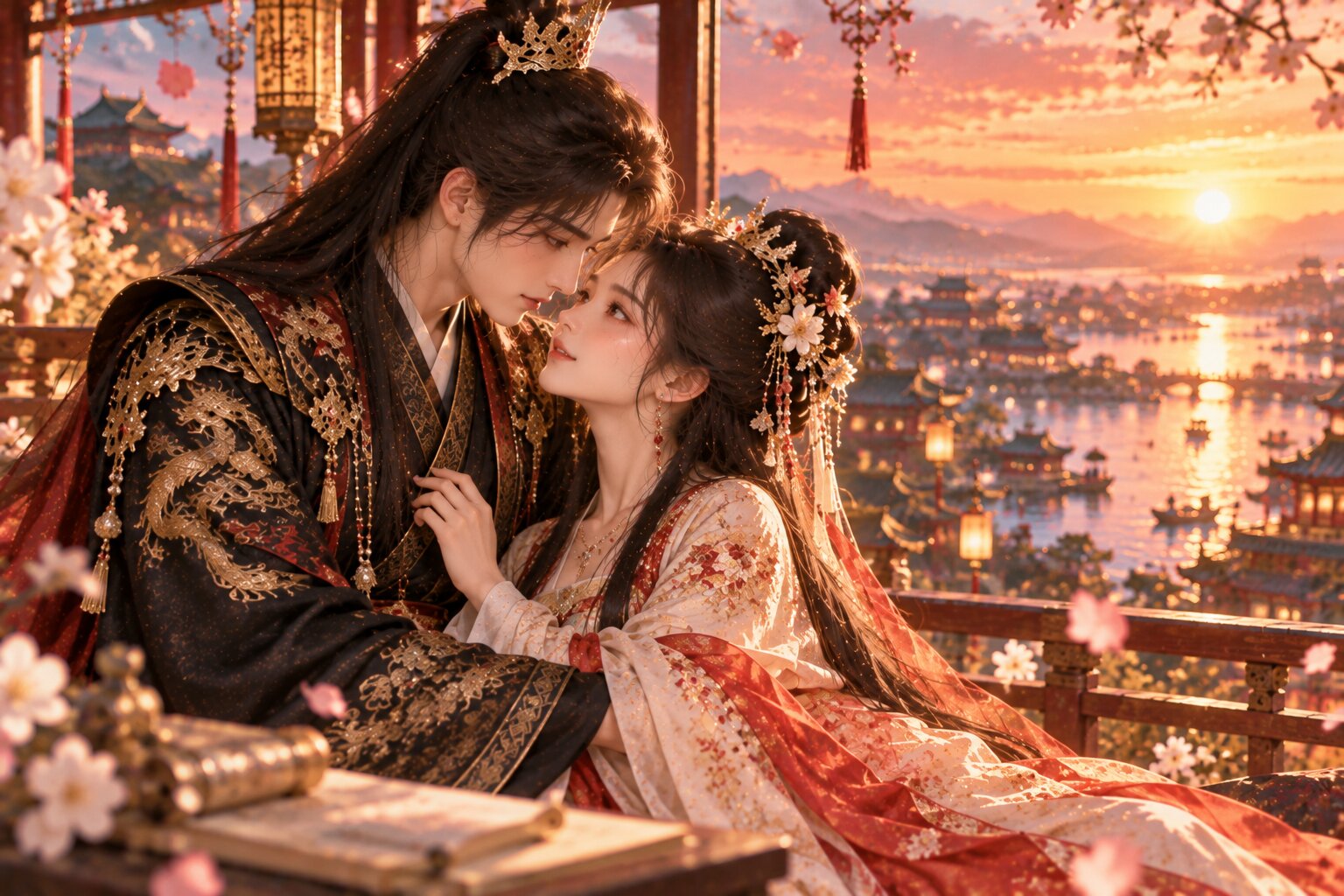 Hai nhân vật chính mặc cổ trang đứng cạnh nhau dưới ánh hoàng hôn, phía xa là kinh thành cổ kính sau một hành trình dài