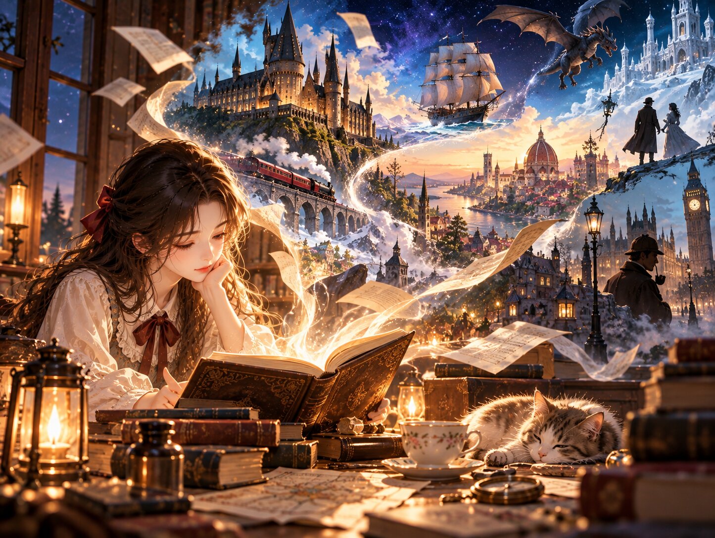Một người trẻ ngồi đọc sách bên cửa sổ, phía sau những trang sách mở ra lâu đài, thành phố châu Âu, khu rừng kỳ ảo và bầu trời đầy sao