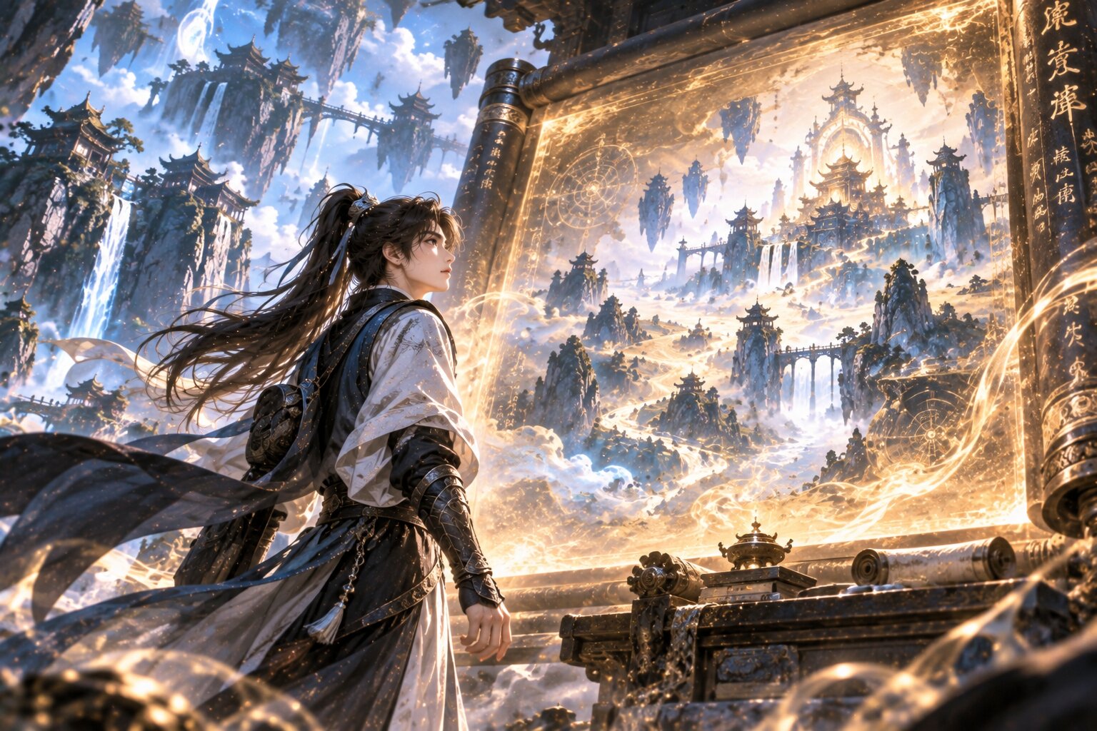 Phương Hàn thời trẻ đứng trước Hoàng Tuyền Đồ giữa không gian huyền ảo, phía trước mở ra thế giới tu luyện rộng lớn và đầy bí ẩn
