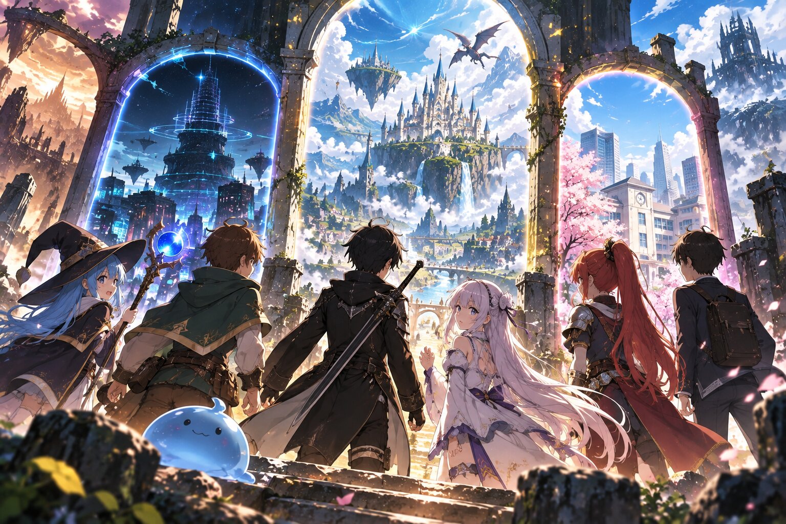 Các nhân vật trẻ đứng trước cánh cổng dẫn đến nhiều thế giới khác nhau, gồm fantasy, game thực tế ảo và thành phố hiện đại
