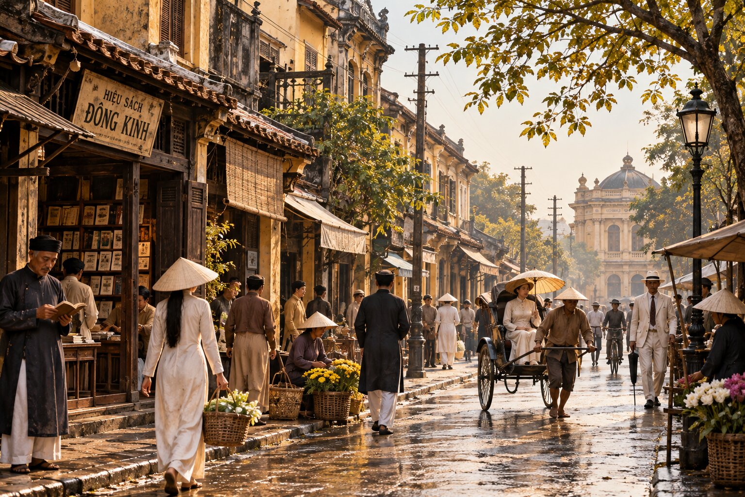 Một con phố Việt Nam xưa với những ngôi nhà cổ, người dân trong trang phục đầu thế kỷ XX và không khí mang màu sắc hoài cổ