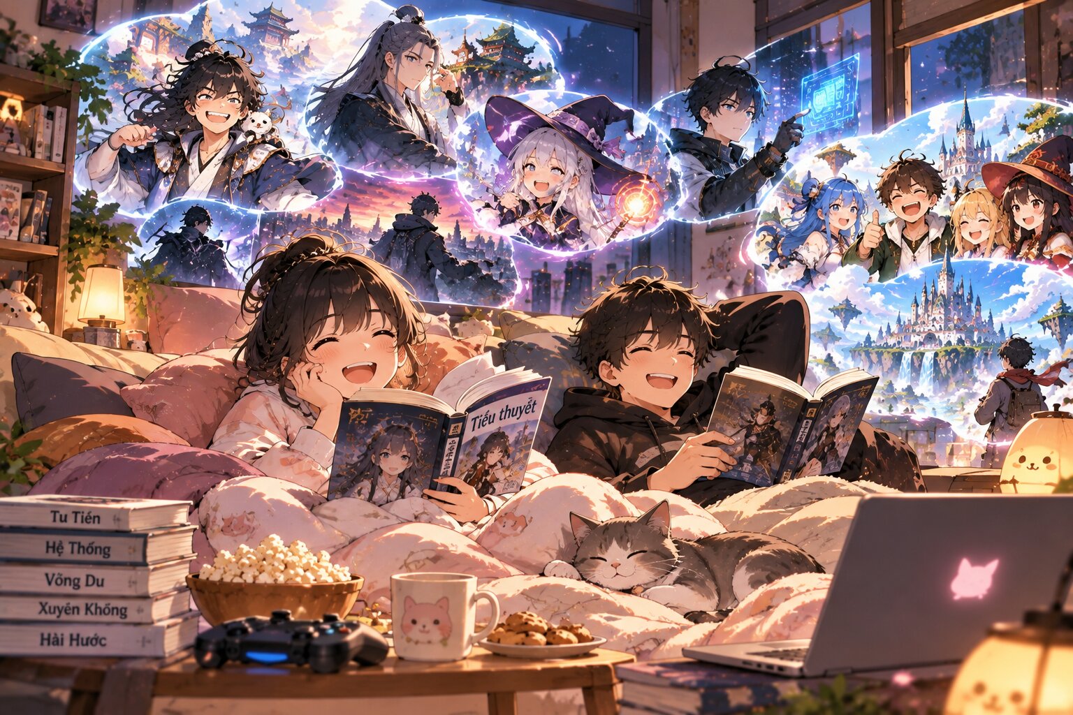 Một nhóm bạn trẻ ngồi đọc truyện trong không gian thoải mái, phía sau hiện lên các thế giới game, tu tiên, fantasy và những nhân vật hài hước