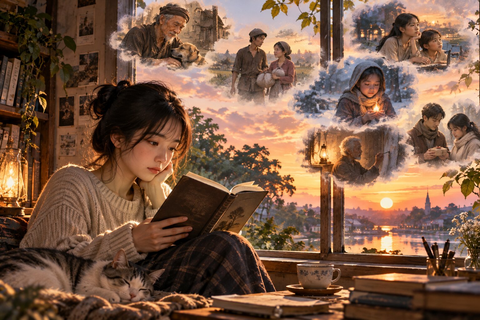 Một người trẻ ngồi đọc sách cạnh cửa sổ trong buổi chiều yên tĩnh, xung quanh xuất hiện những hình ảnh mờ tượng trưng cho nhiều câu chuyện khác nhau