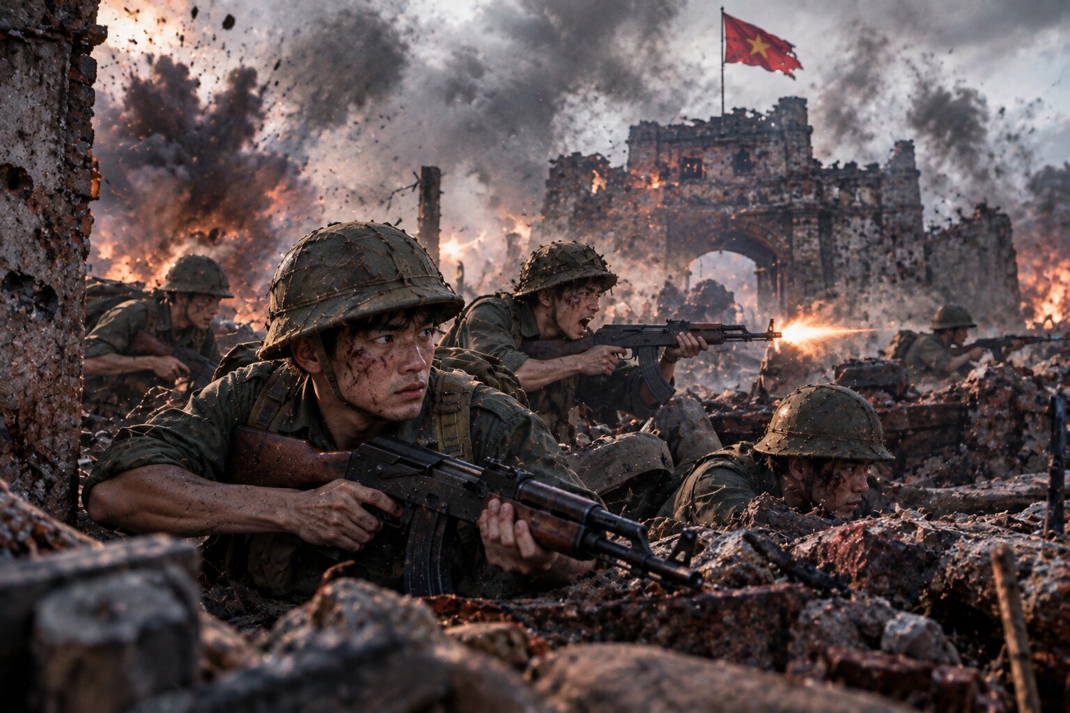 Cường cùng những người lính trong tiểu đội chiến đấu giữa Thành cổ Quảng Trị, xung quanh là khói lửa và những công sự bị bom đạn tàn phá