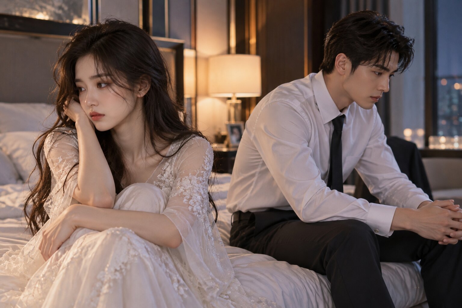 Giang Nhân Ly và Mạc Tu Lăng đứng cạnh nhau trong căn nhà chung, khoảng cách giữa hai người cho thấy một cuộc hôn nhân vẫn còn nhiều lạnh nhạt và điều chưa thể nói ra