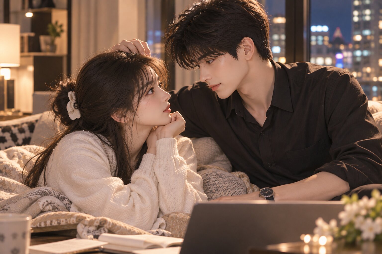 Thời Miểu mặc trang phục thường ngày ngồi cạnh Mẫn Đình trong phòng khách ấm áp. Anh nhẹ nhàng nắm tay cô, cả hai nhìn nhau với ánh mắt dịu dàng sau những ngày tháng dần thấu hiểu