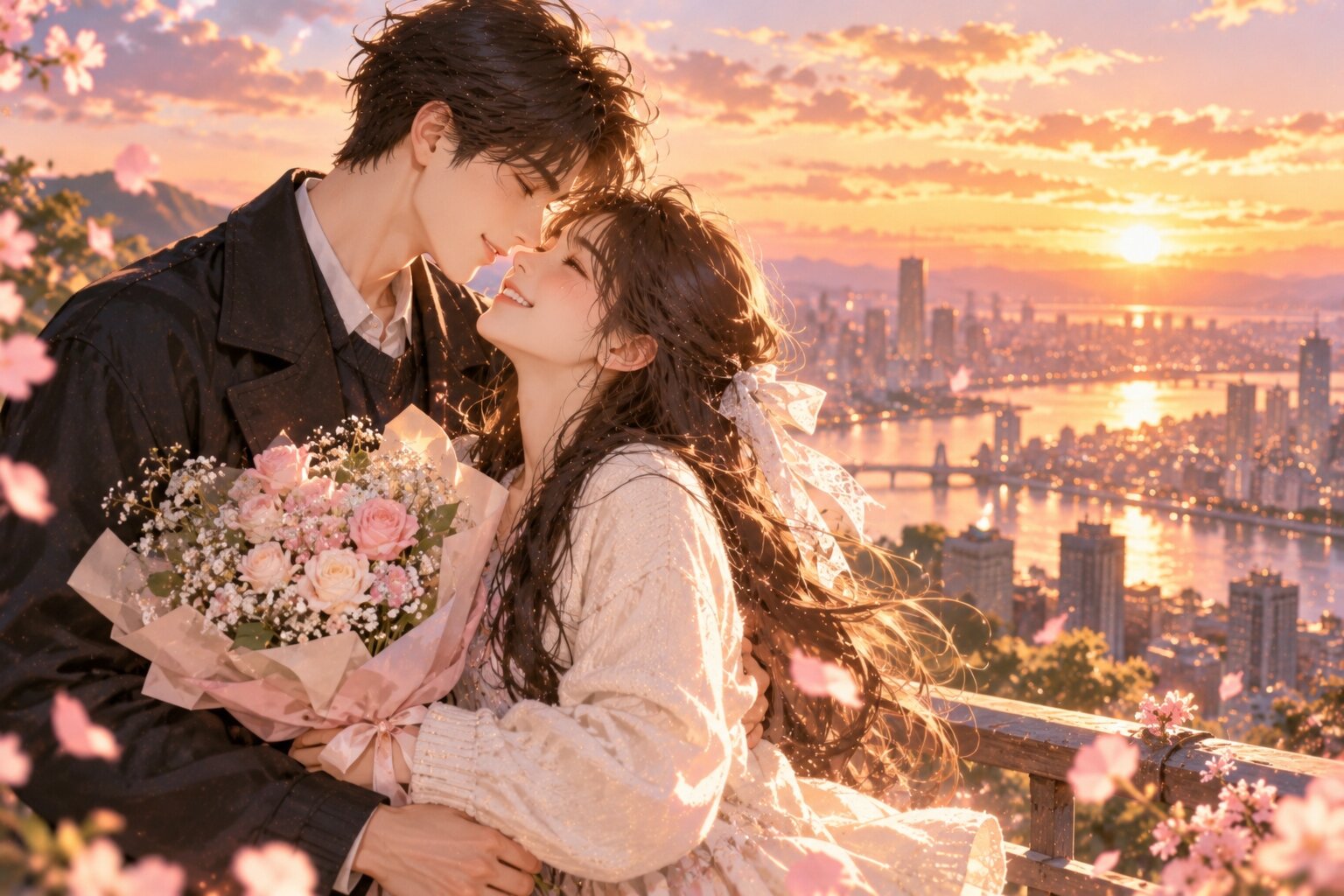 Hai nhân vật chính đứng cạnh nhau dưới ánh hoàng hôn, nắm tay và trao nhau nụ cười dịu dàng sau những khó khăn, phía xa là khung cảnh thành phố yên bình