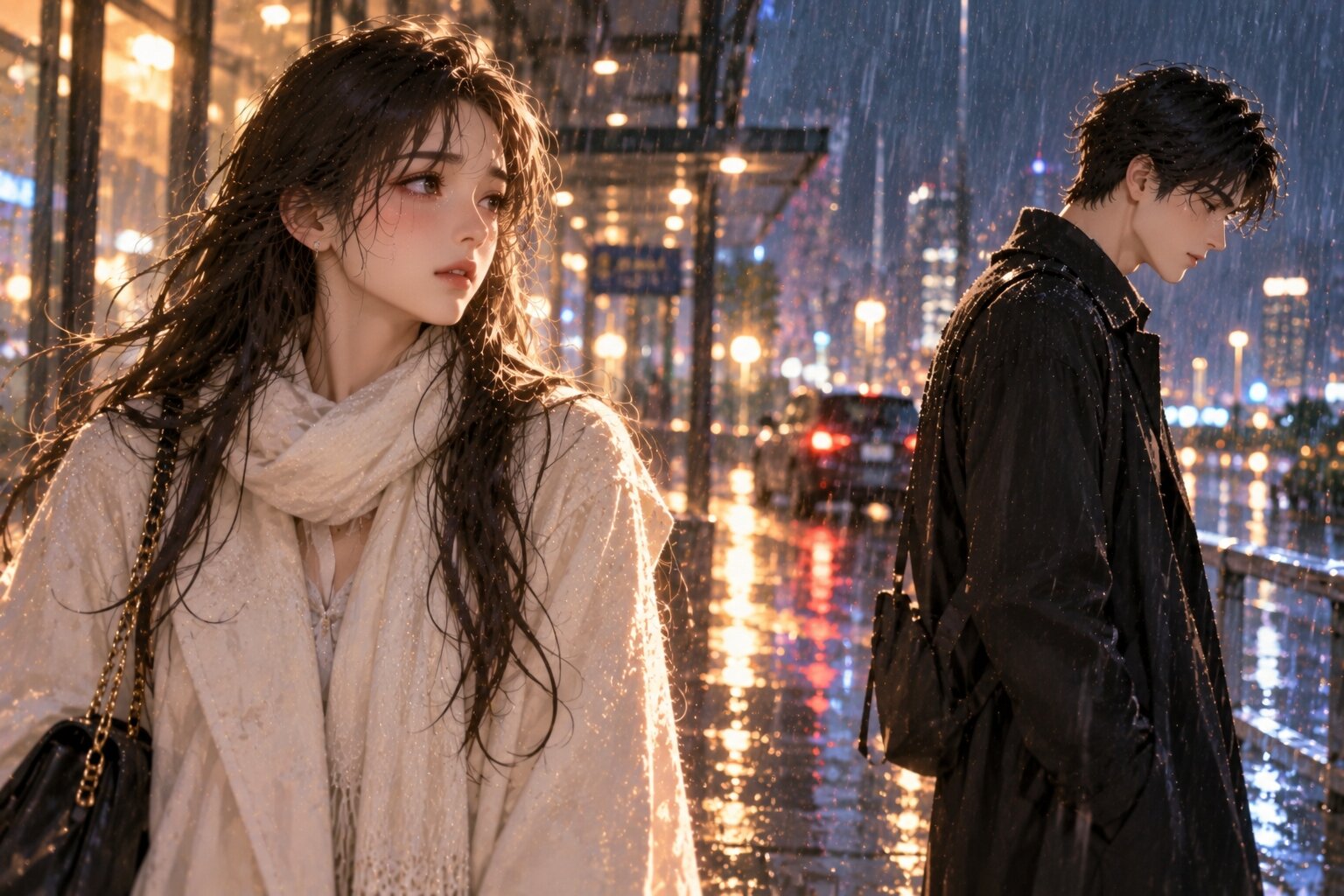 Hai nhân vật đứng cách nhau trên con phố về đêm sau cơn mưa, ánh đèn thành phố phản chiếu trên mặt đường, gương mặt mang theo sự buồn bã và tiếc nuối