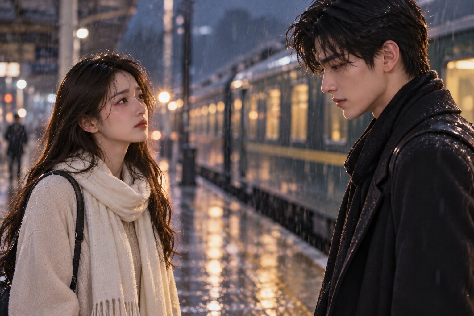 Hai nhân vật đứng cách xa nhau dưới bầu trời nhiều mây, thể hiện khoảng cách và những cảm xúc chưa thể nói thành lời