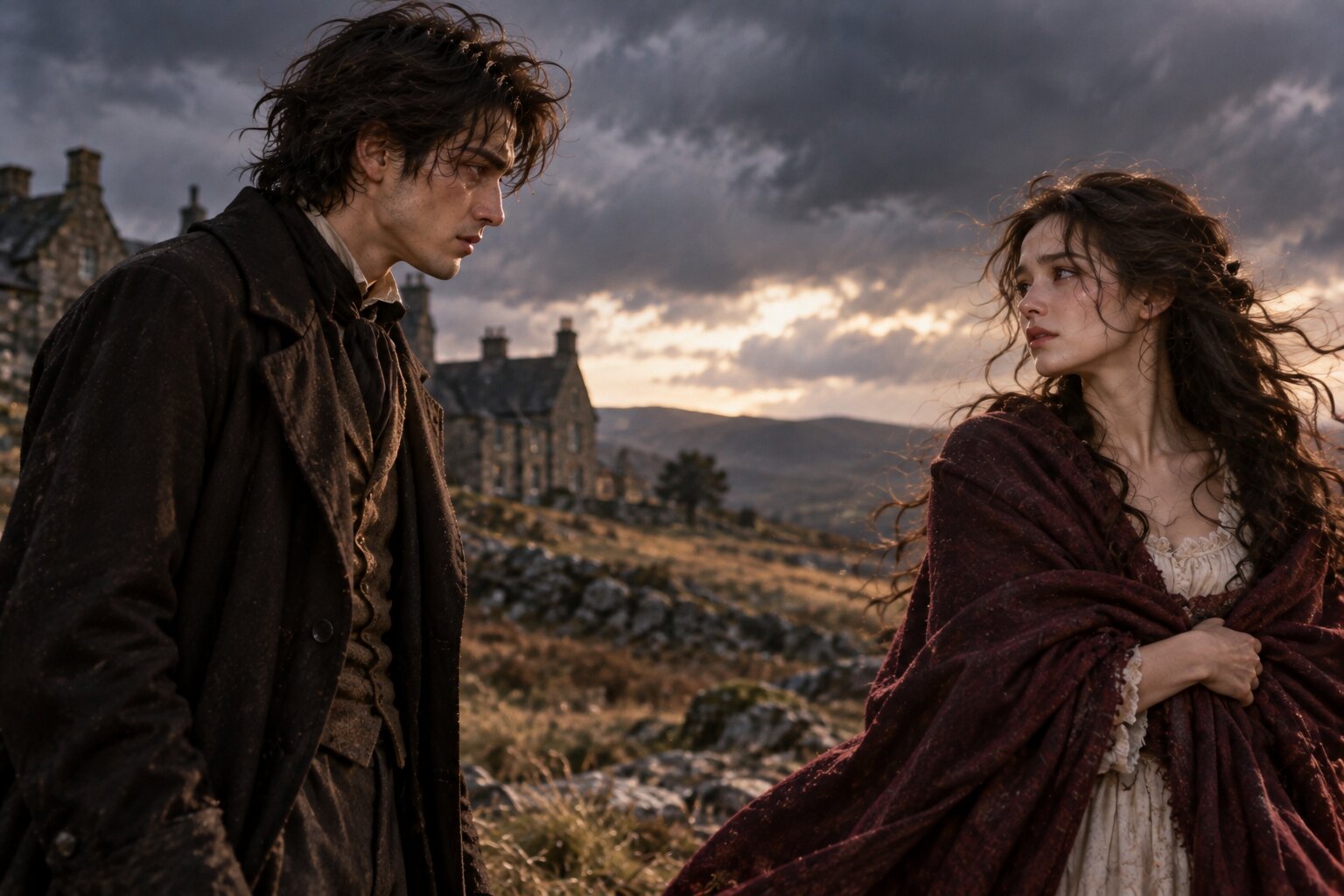 Heathcliff và Catherine đứng cách nhau giữa vùng đồng hoang Yorkshire dưới bầu trời giông bão, cả hai mang vẻ mặt đau đớn khi tình yêu bị chia cắt bởi những lựa chọn không thể thay đổi