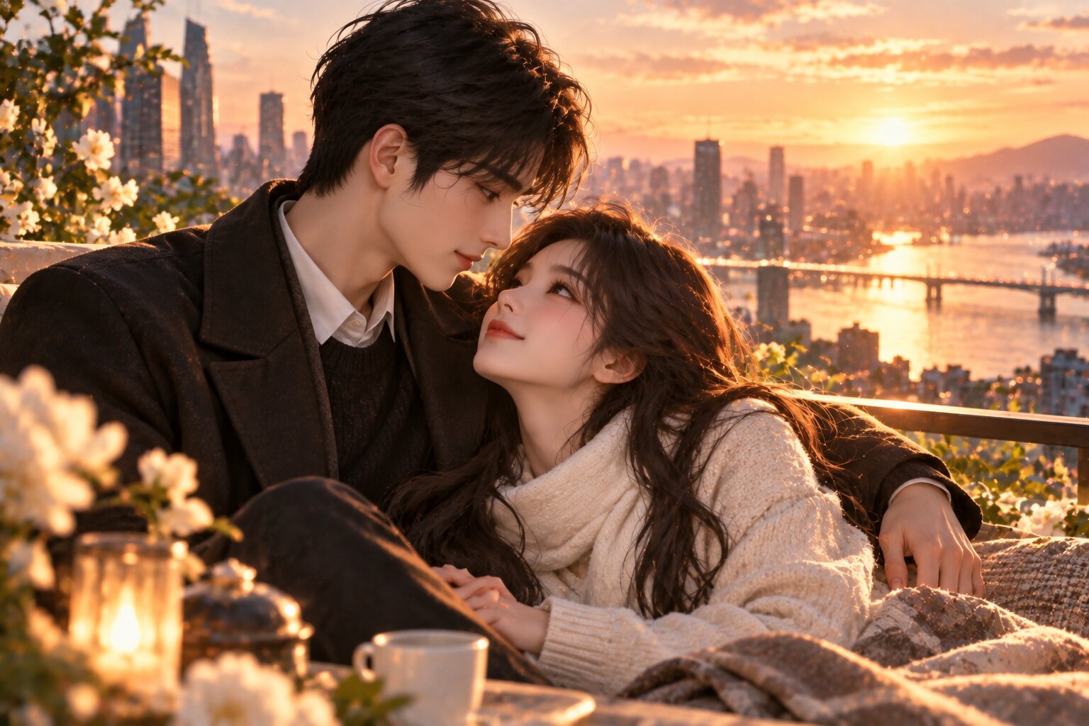 Hai nhân vật chính nắm tay đứng cạnh nhau giữa thành phố lúc hoàng hôn, thể hiện tình yêu đã trưởng thành sau những lần hiểu lầm và xa cách