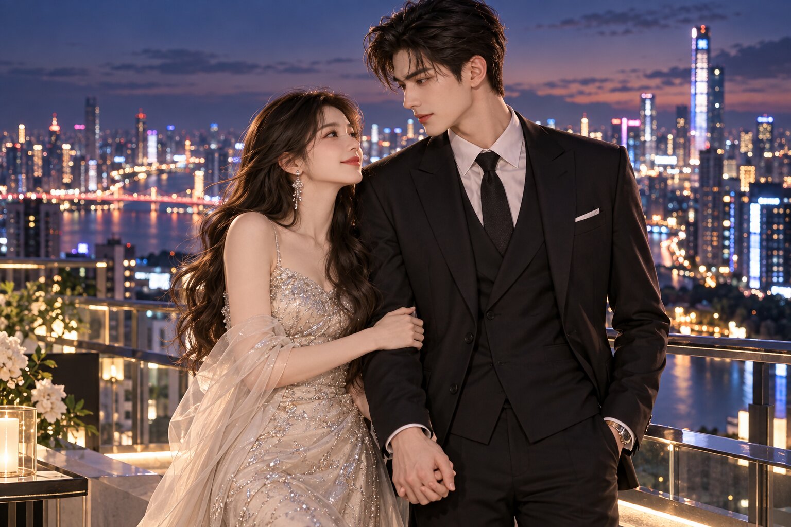 Đàm Hi mặc trang phục thanh lịch đứng bên Lục Chinh trên sân thượng nhìn thành phố về đêm, hai người nắm tay nhau, thể hiện sự bình yên sau hành trình dài