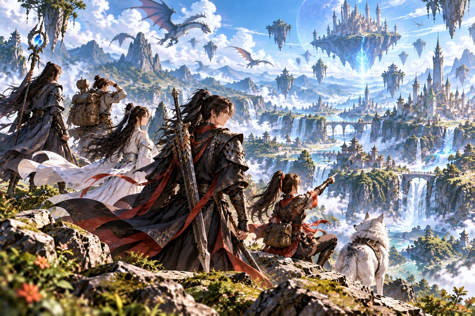 Một nhóm chiến binh, pháp sư và kiếm sĩ đứng trên vách núi nhìn về đại lục fantasy rộng lớn với thành trì, rồng bay, núi tuyết và những tòa tháp ma pháp