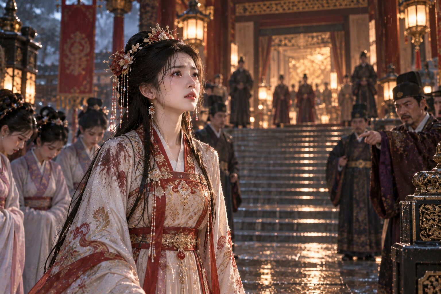 Sở Chiêu đứng một mình giữa đại điện rộng lớn vào ban đêm, phía sau là những cánh cửa cung điện mở ra giữa mưa gió, các cung nhân và quan viên đứng xa, tạo cảm giác nàng đang đối diện một biến cố có thể thay đổi vận mệnh