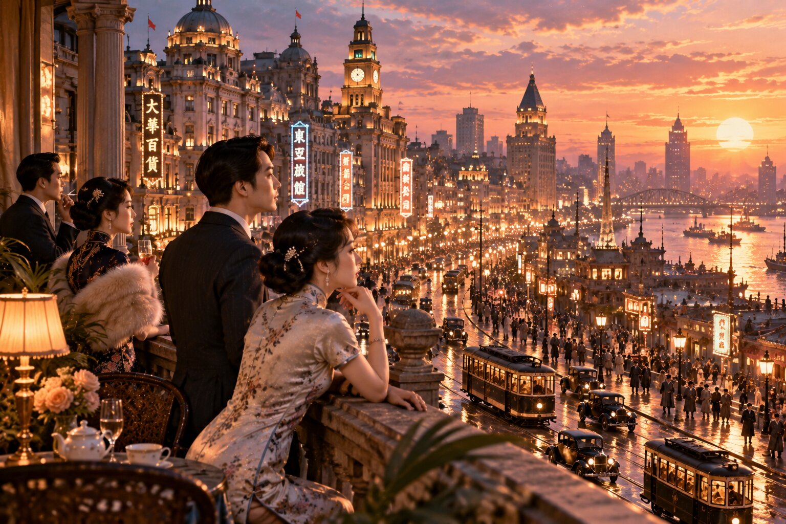 Một nhóm thanh niên nam nữ mặc trang phục Trung Hoa đầu thế kỷ XX đứng trên ban công nhìn xuống thành phố lúc hoàng hôn, phía dưới có xe điện, ô tô cổ, phố xá đông đúc và những tòa nhà pha trộn kiến trúc Đông Tây