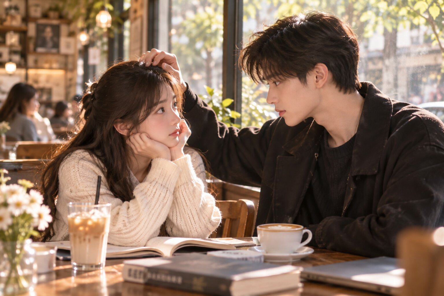 Một đôi nam nữ trẻ ngồi cạnh cửa sổ trong quán cà phê vào buổi chiều, chàng trai nhẹ nhàng đặt ly đồ uống trước mặt cô gái, cả hai nhìn nhau với ánh mắt ngại ngùng, bên ngoài là nắng vàng và hàng cây