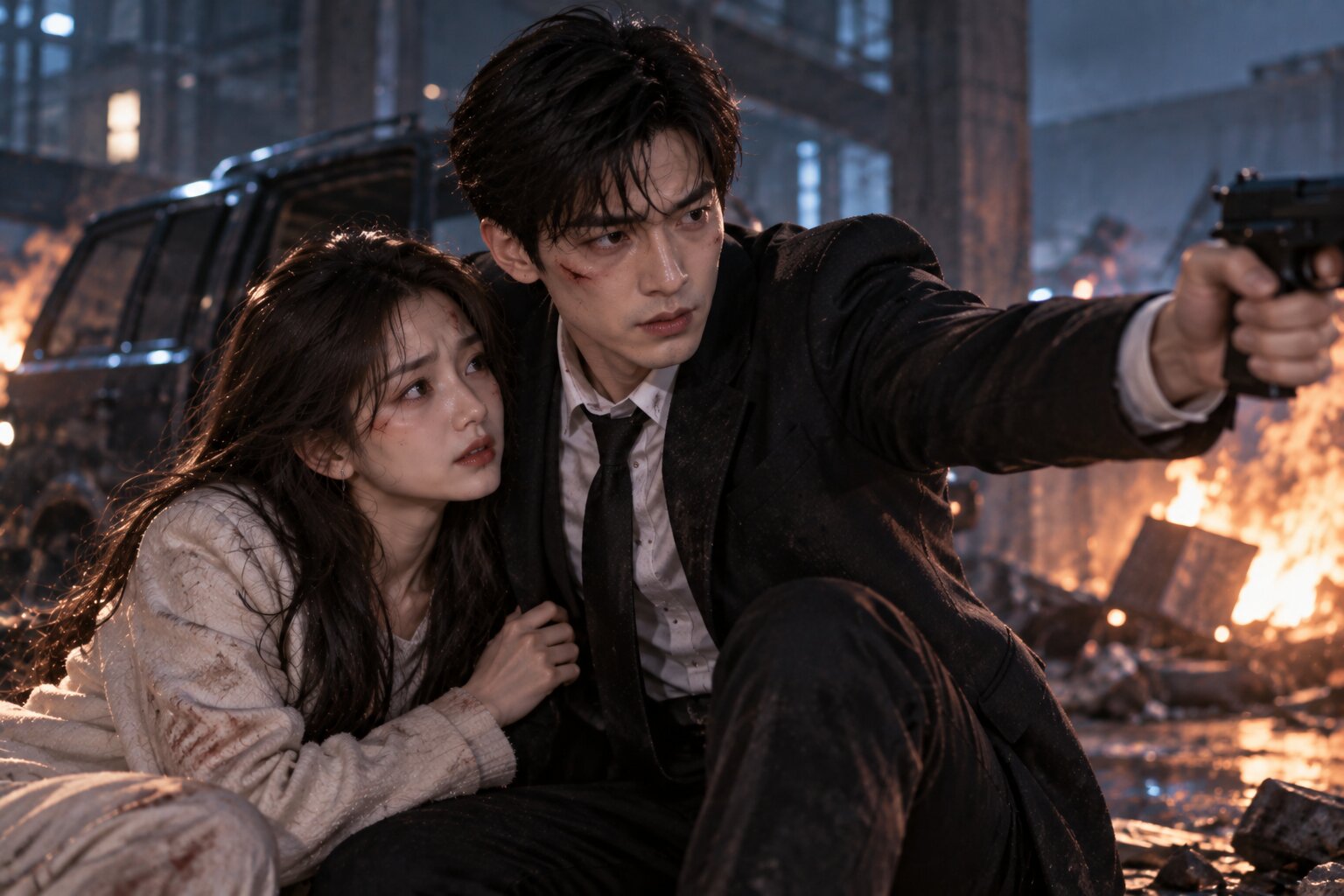 Hai nhân vật chính đứng cạnh nhau trong một tình huống căng thẳng về đêm, thể hiện thời điểm bí mật và biến cố đẩy mối quan hệ đến thử thách