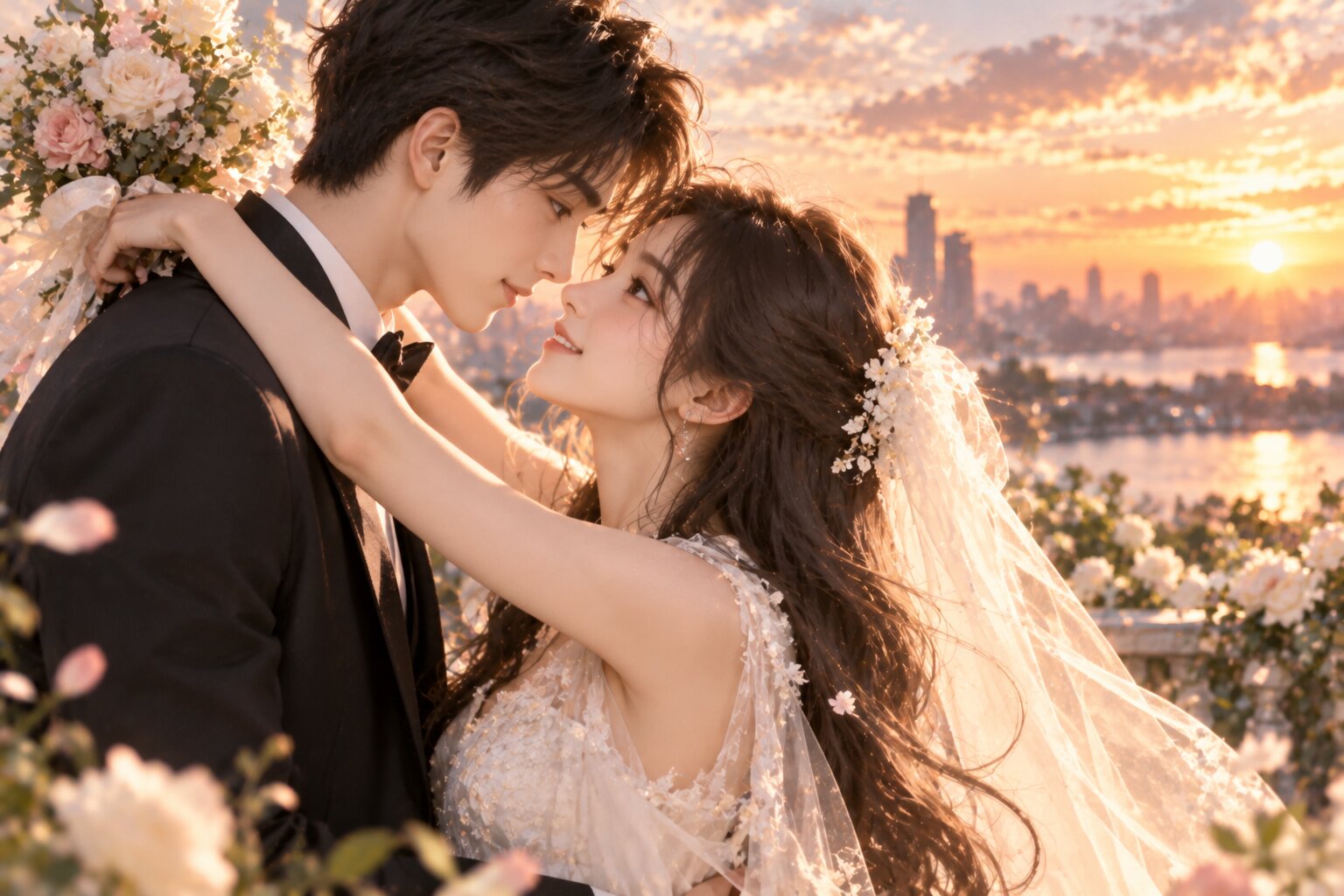 Hai nhân vật chính đứng cạnh nhau trong khung cảnh ấm áp sau khi đã vượt qua những hiểu lầm và khoảng cách trong mối quan hệ