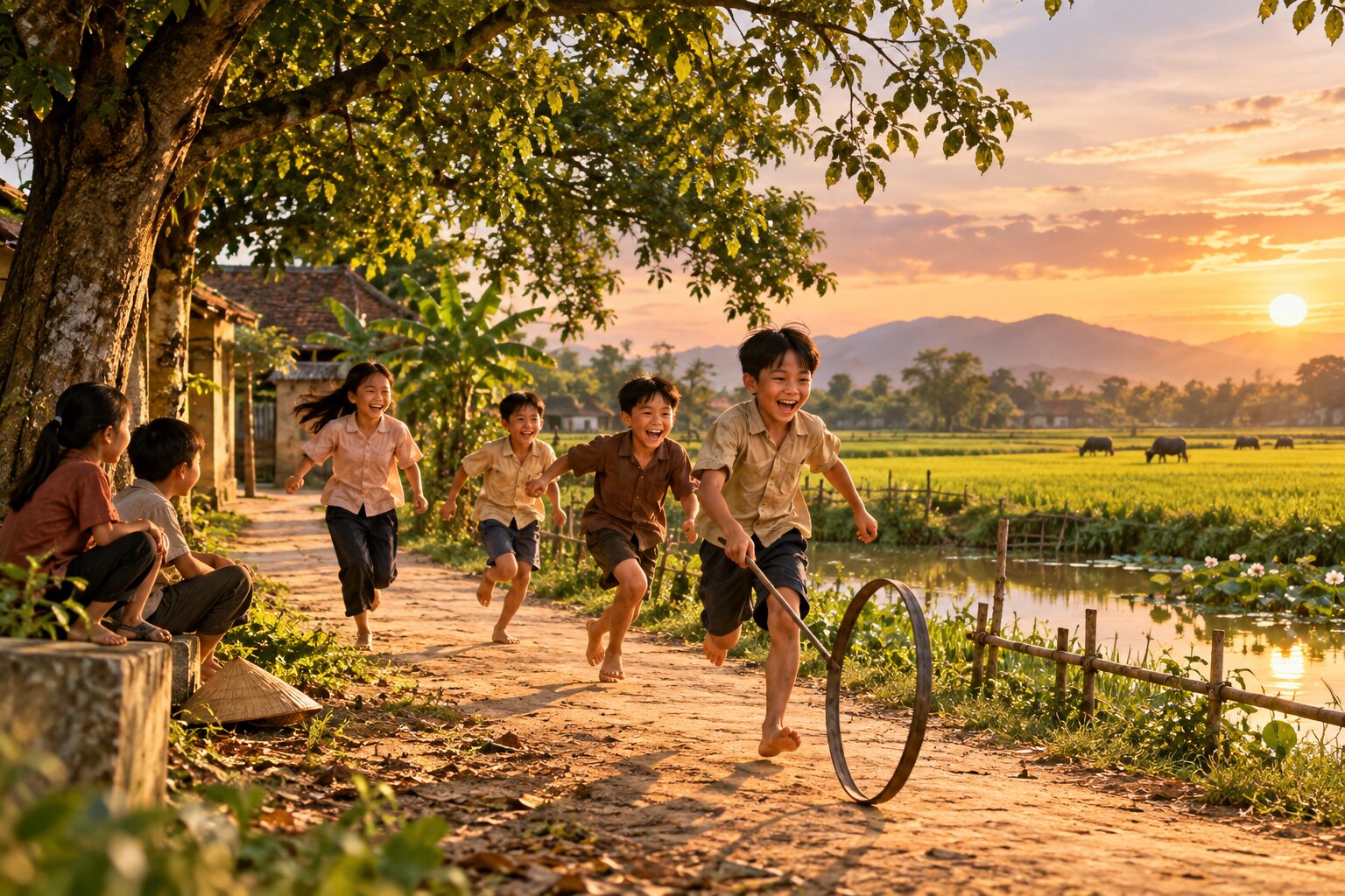 Những đứa trẻ vui chơi trên con đường làng Việt Nam, xung quanh là cánh đồng, hàng cây và ánh nắng nhẹ, gợi không khí tuổi thơ trong trẻo