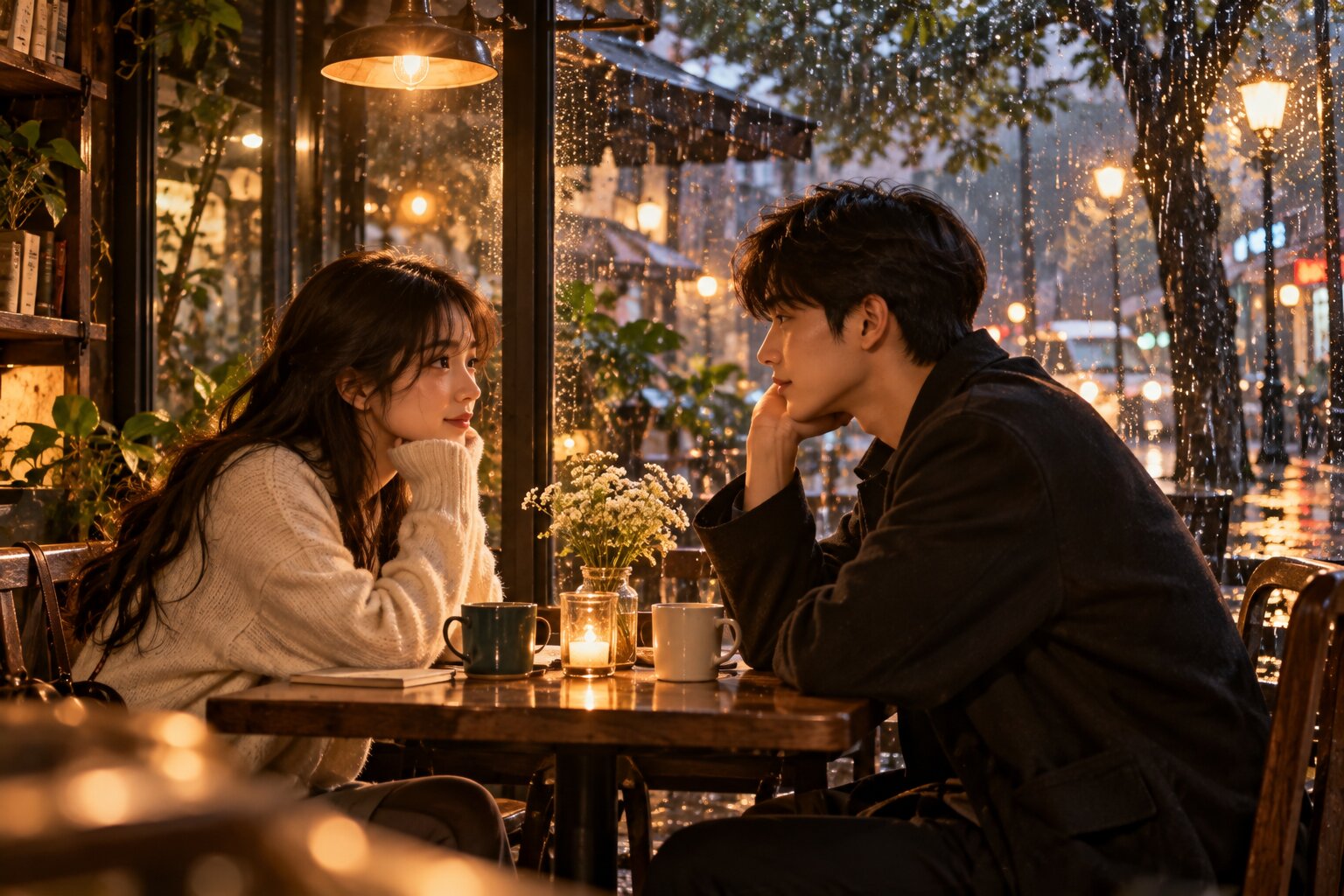 Một đôi nam nữ trẻ vô tình gặp nhau tại quán cà phê nhỏ trong ngày mưa, ánh mắt vừa chạm nhau, không gian nhẹ nhàng và giàu cảm xúc