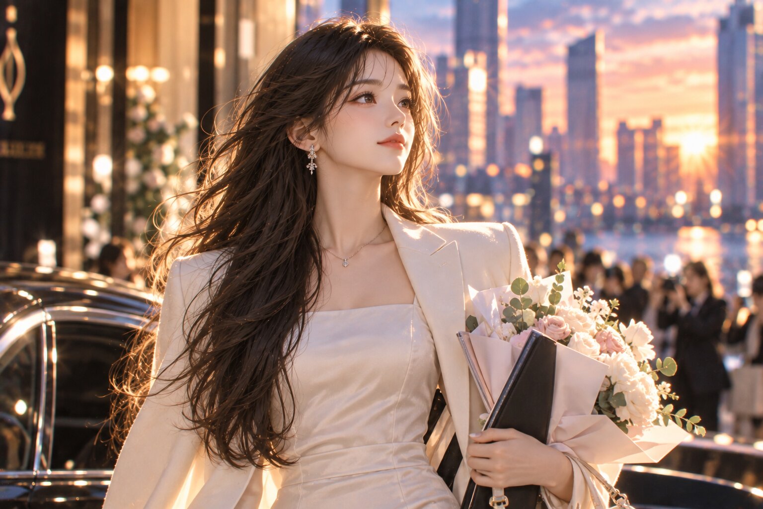 Nữ chính xuất hiện với hình ảnh trưởng thành, tự tin và rạng rỡ hơn sau những biến cố, phía sau là khung cảnh thành phố đầy ánh sáng