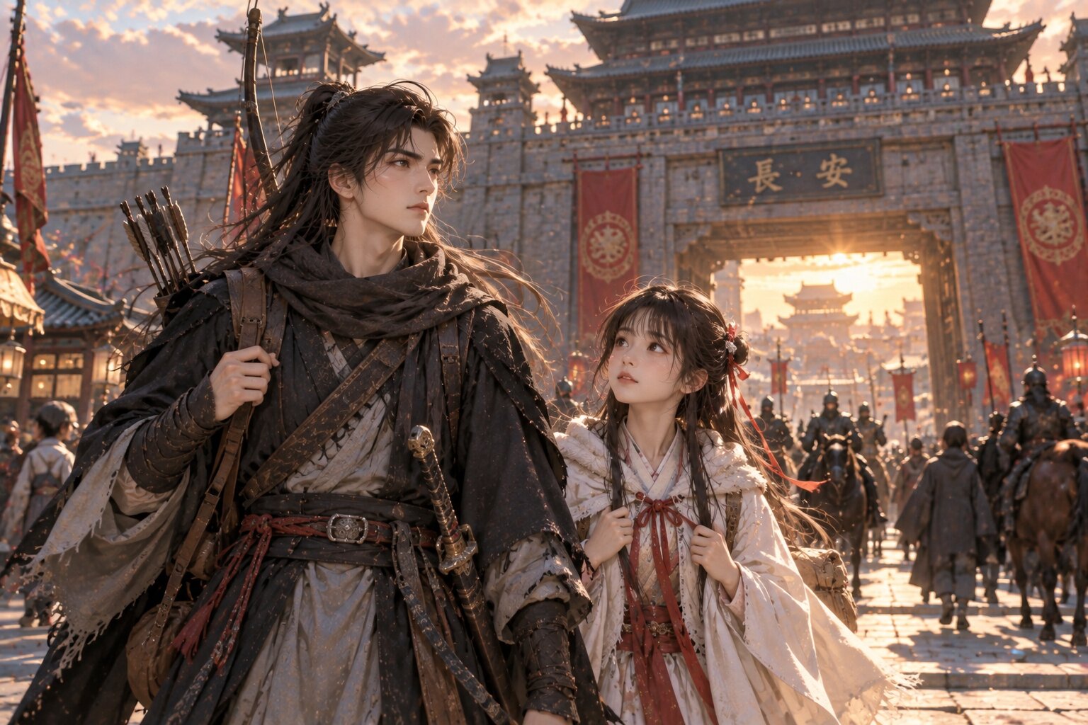 Ninh Khuyết mang theo đao và cung đứng bên Tang Tang trước thành Trường An rộng lớn, chuẩn bị bước vào giai đoạn mới của cuộc đời