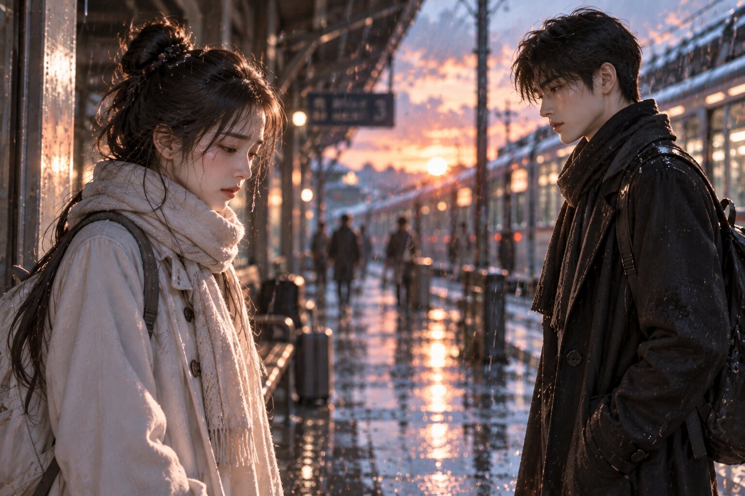Chu Thanh Dao và Trình Tiêu đứng cách nhau dưới mái hiên vào một ngày mưa, cô gái buồn bã nhìn xuống, còn chàng trai lặng lẽ nhìn theo với ánh mắt đầy tâm sự