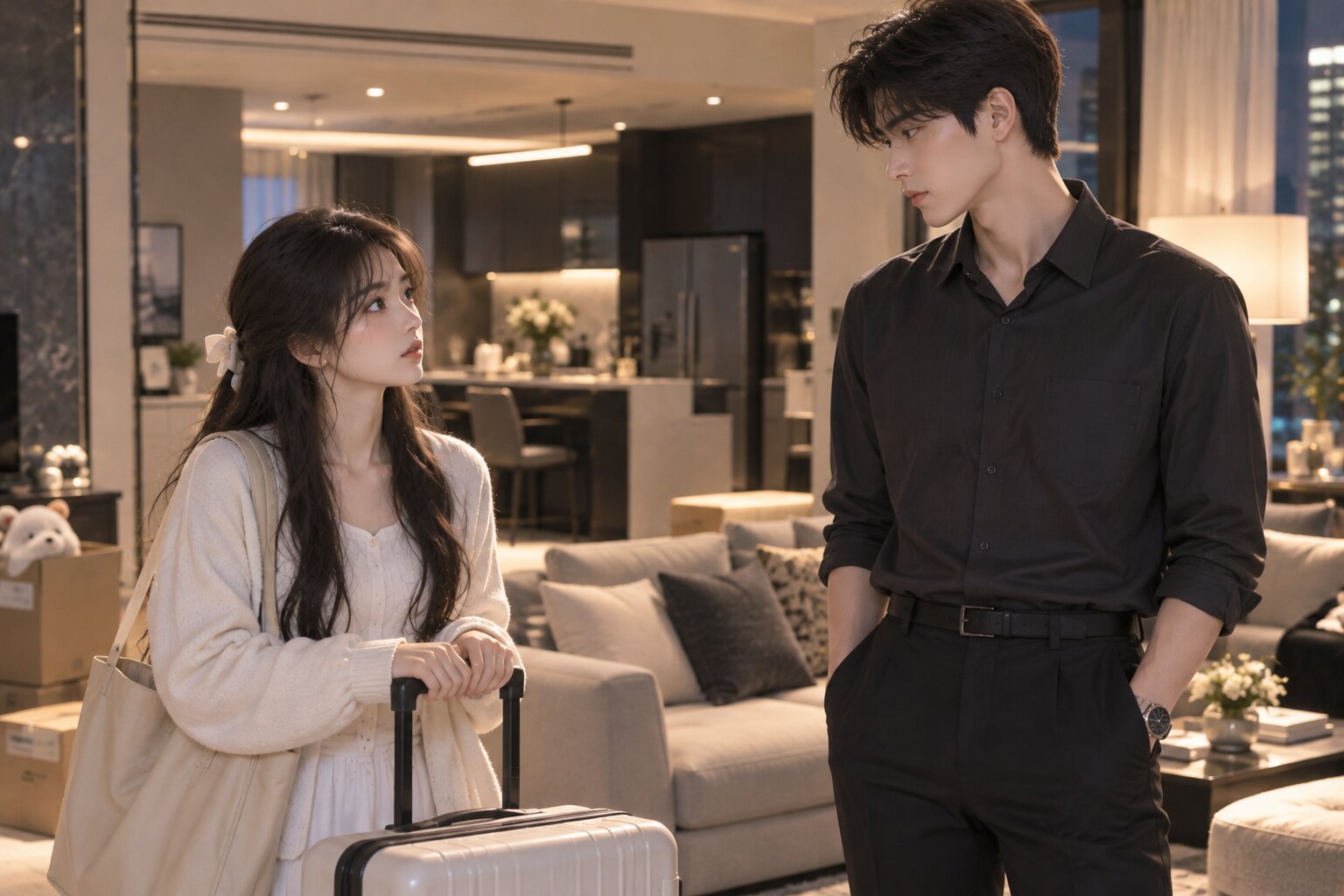 Thời Miểu và Mẫn Đình đứng trong phòng khách của căn hộ hiện đại, hai người giữ khoảng cách lịch sự. Không gian sang trọng nhưng có phần xa lạ, thể hiện những ngày đầu chung sống