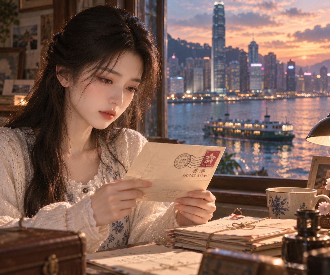 Một cô gái trẻ ngồi bên cửa sổ, cầm lá thư cũ có dấu bưu điện Hồng Kông, ánh mắt xúc động khi đọc những dòng chữ bên trong