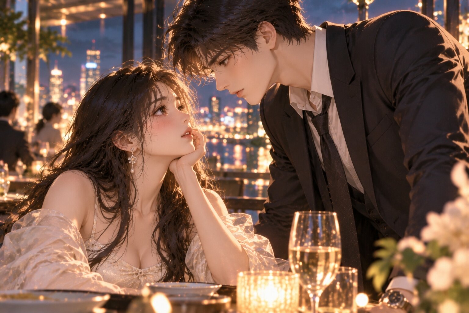 Hai nhân vật trưởng thành gặp nhau trong một buổi tối tại thành phố hiện đại, ánh đèn vàng ấm áp, cả hai trao nhau ánh mắt đầy tò mò và rung động