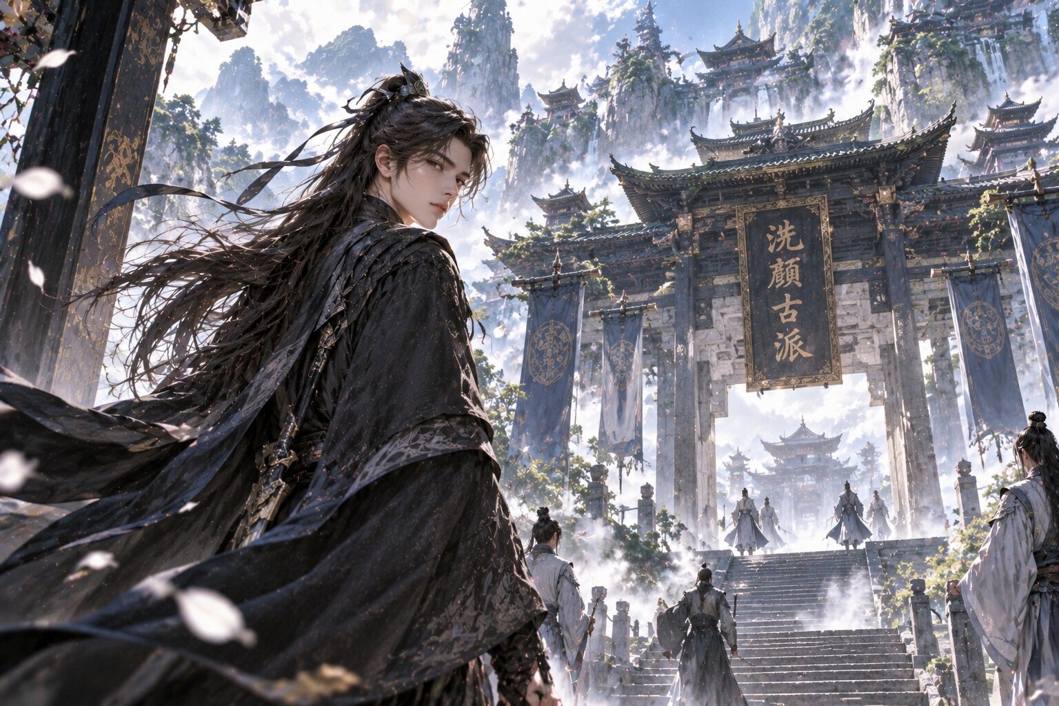 Lý Thất Dạ trong bộ đạo bào đen đứng trước cổng Tẩy Nhan Cổ Phái cổ kính, phía sau là những ngọn núi phủ mây và các công trình tiên môn, ánh mắt bình thản nhưng đầy uy nghiêm