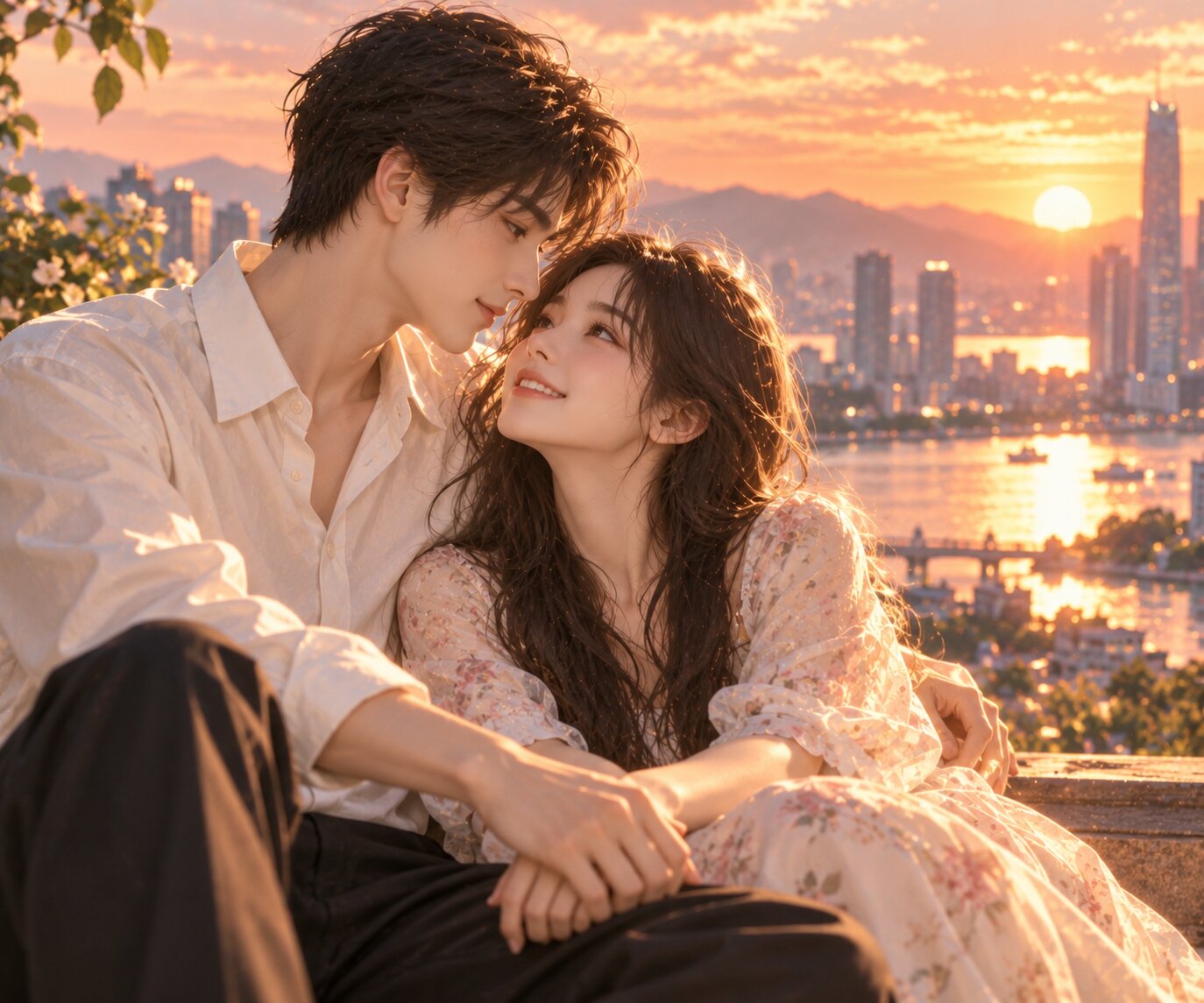 Hai nhân vật chính đứng cạnh nhau dưới ánh hoàng hôn trên con phố yên bình, nắm tay và trao nhau nụ cười dịu dàng sau những năm tháng giấu kín tình cảm