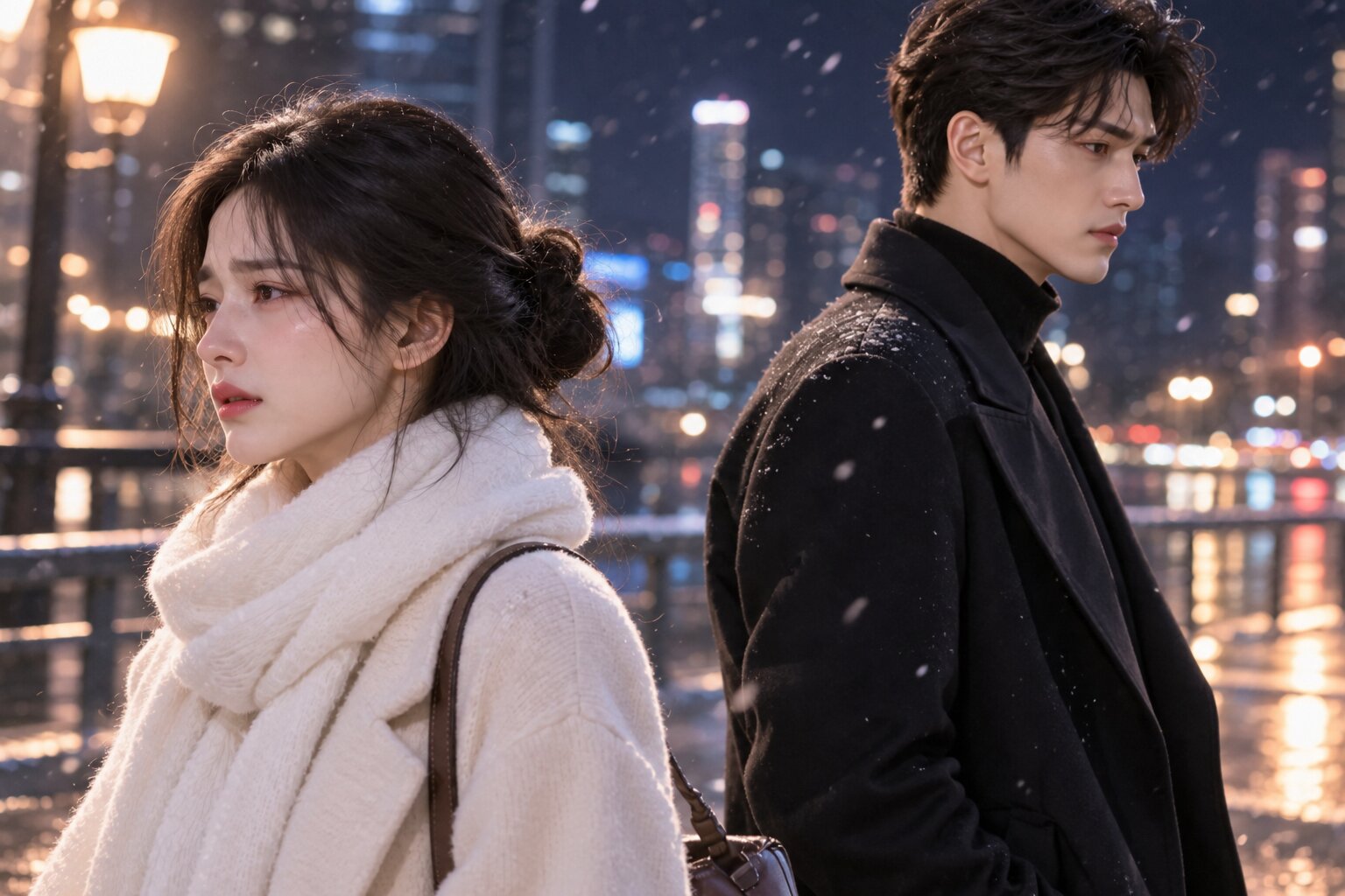 Hồ Tu và Điêu Trĩ Vũ đứng cách nhau trên con phố thành thị về đêm, ánh đèn phản chiếu trên mặt đường, cả hai mang vẻ mặt trầm tư khi những bí mật và khoảng cách khiến tình cảm gặp thử thách