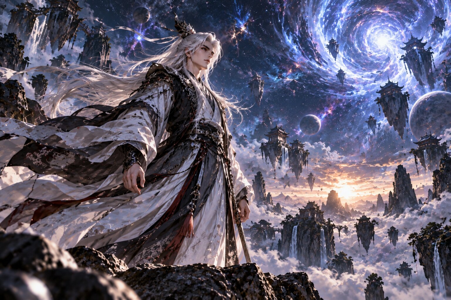 Vương Lâm trưởng thành đứng giữa tinh không rộng lớn, mái tóc và trường bào lay động, phía sau là những tinh cầu xa xôi, thể hiện hành trình từ thiếu niên phàm nhân trở thành cường giả bước trên con đường nghịch thiên