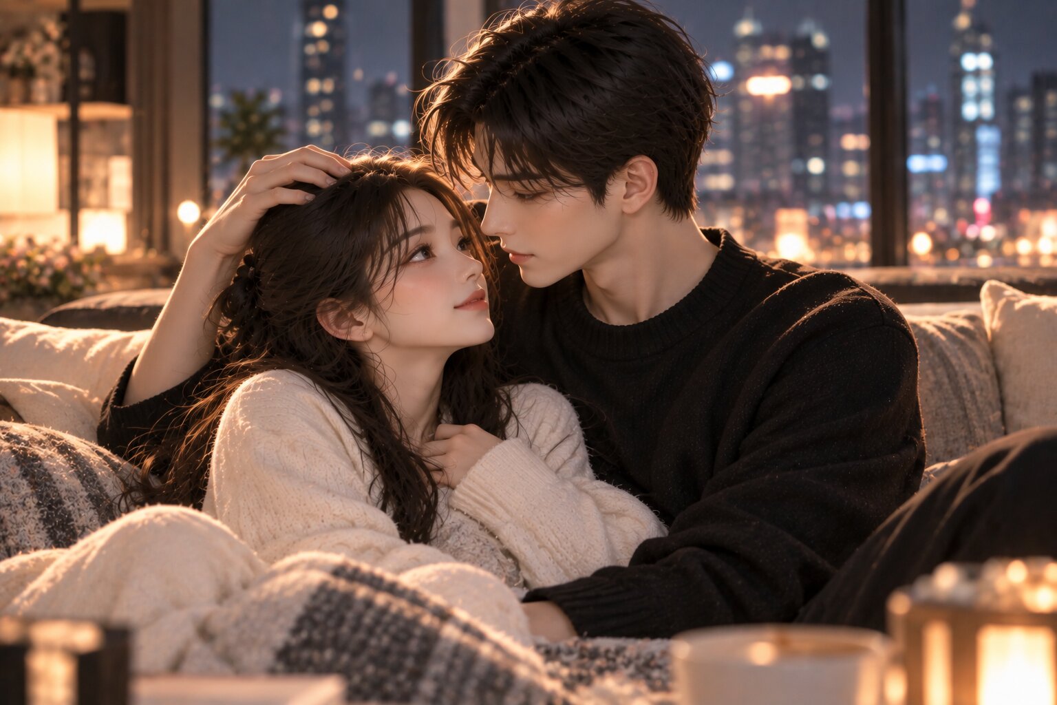 Hai nhân vật chính ngồi cạnh nhau bên cửa sổ trong ánh chiều ấm áp, bàn tay khẽ nắm lấy nhau, nét mặt nhẹ nhõm và bình yên sau khi đã vượt qua những hiểu lầm