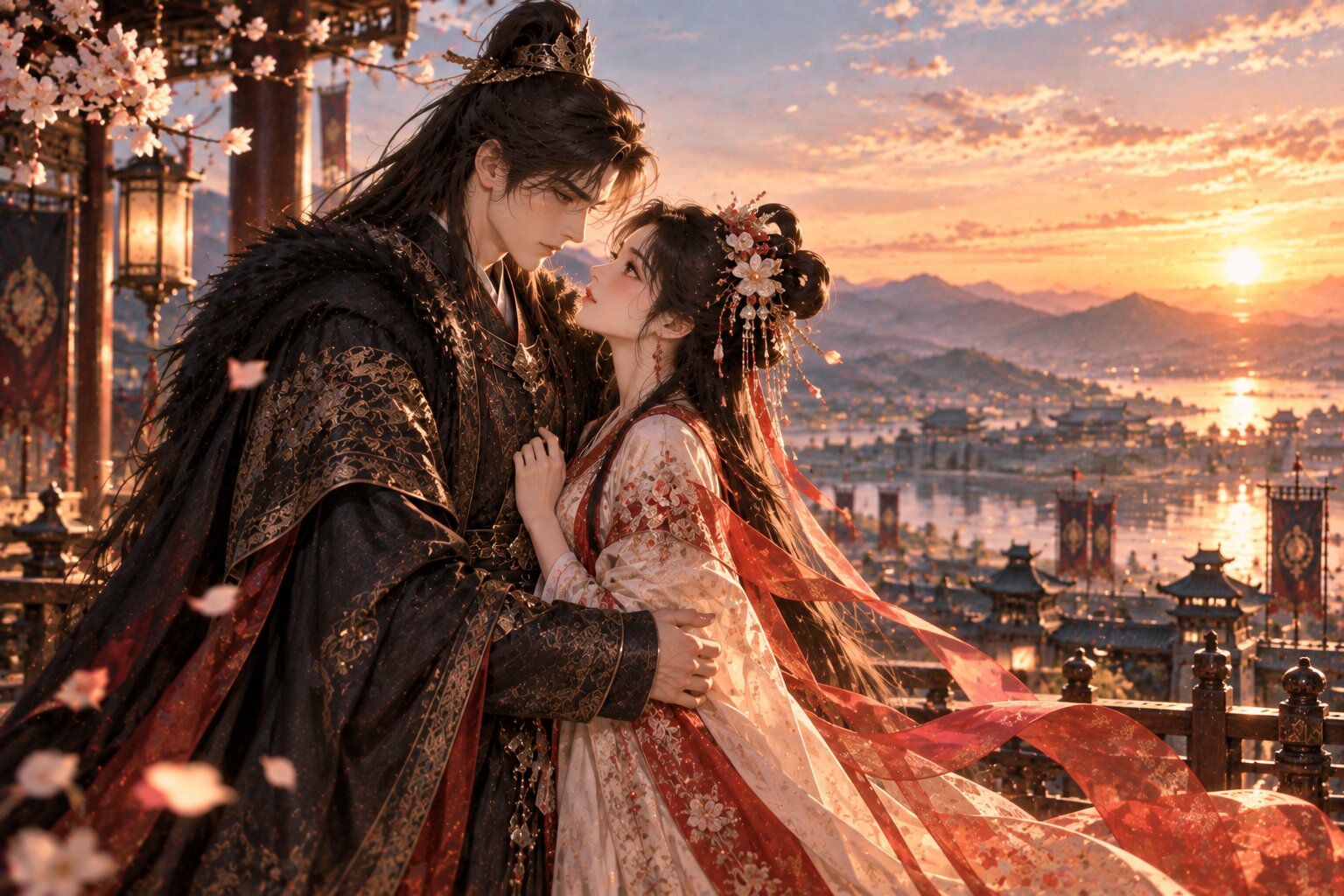 Tiểu Kiều và Ngụy Thiệu đứng cạnh nhau trên thành lâu trong ánh hoàng hôn, phía xa là núi sông và thành trì yên bình, hai người nhìn nhau với cảm giác tin tưởng sau những biến động