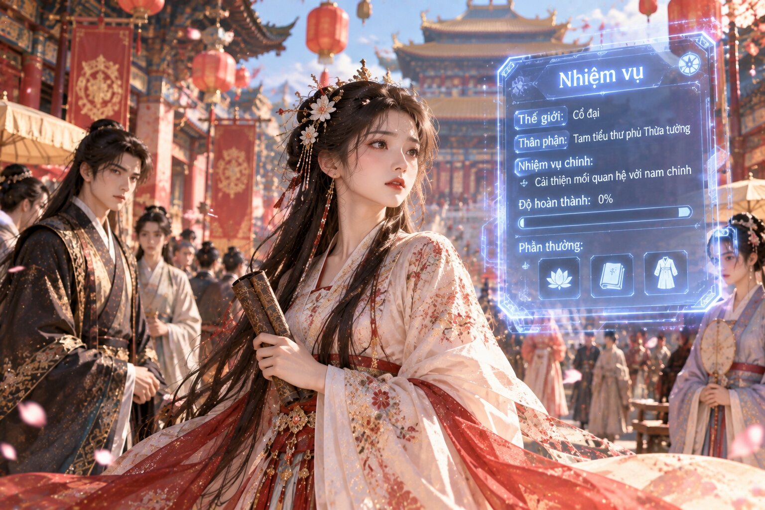 Nữ chính mặc cổ trang đứng giữa kinh thành đông đúc, trước mắt xuất hiện giao diện hệ thống trong suốt hiển thị nhiệm vụ mới, phía xa là cung điện và nhiều nhân vật đang quan sát cô