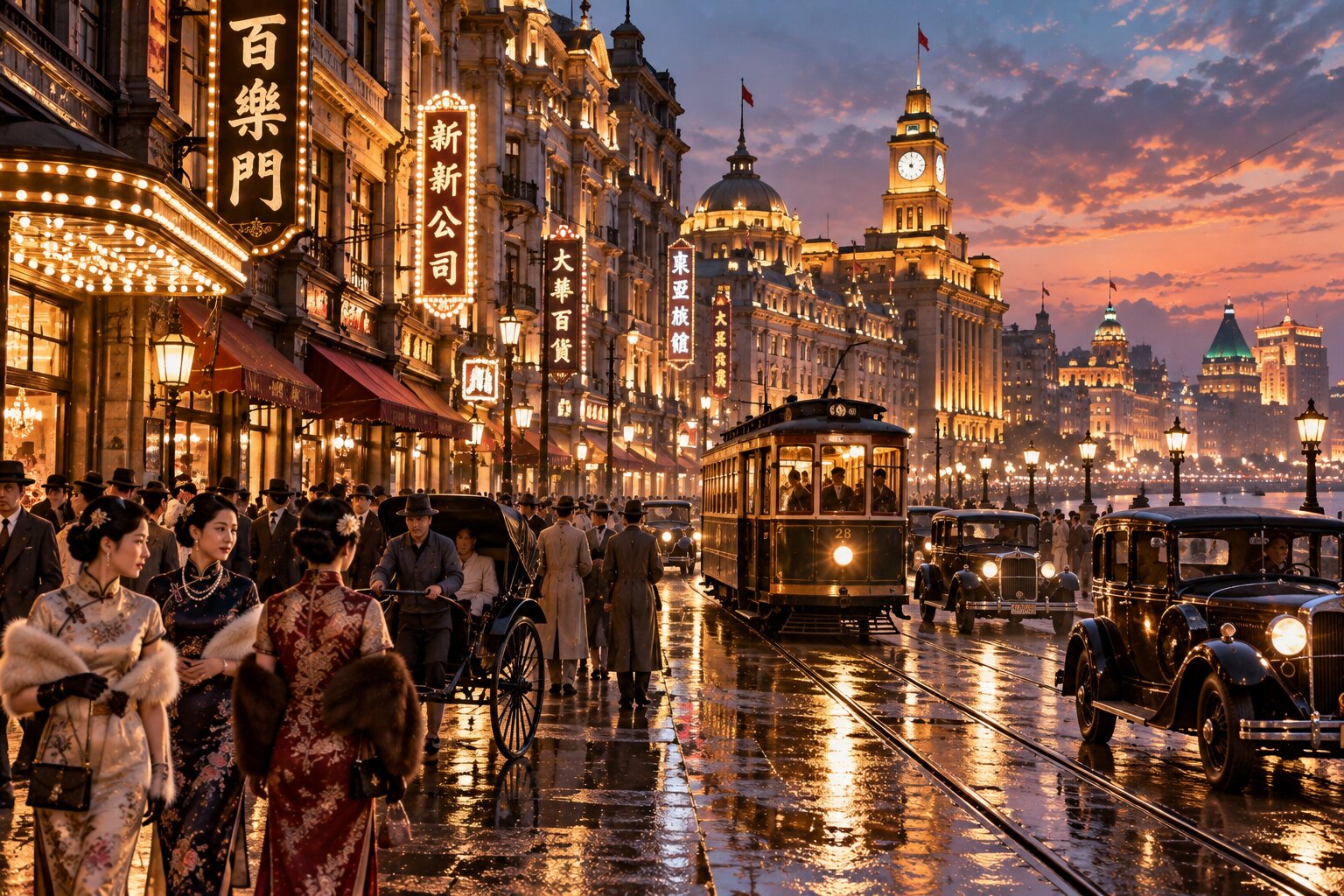 Một con phố Thượng Hải đầu thế kỷ XX vào buổi tối, xe điện chạy giữa đường, ô tô cổ và xe kéo xuất hiện bên những tòa nhà mang kiến trúc Đông Tây, người dân mặc sườn xám, trường sam và âu phục đi dưới ánh đèn vàng