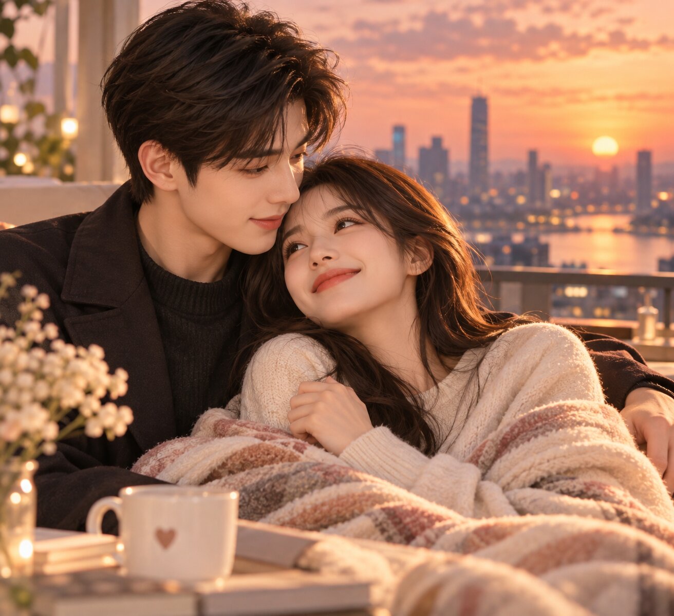 Đôi nam nữ đứng trên ban công căn hộ vào lúc hoàng hôn, chàng trai ôm nhẹ cô gái từ phía sau, cả hai nhìn thành phố lên đèn, trên bàn bên cạnh có hai tách cà phê và một bó hoa nhỏ