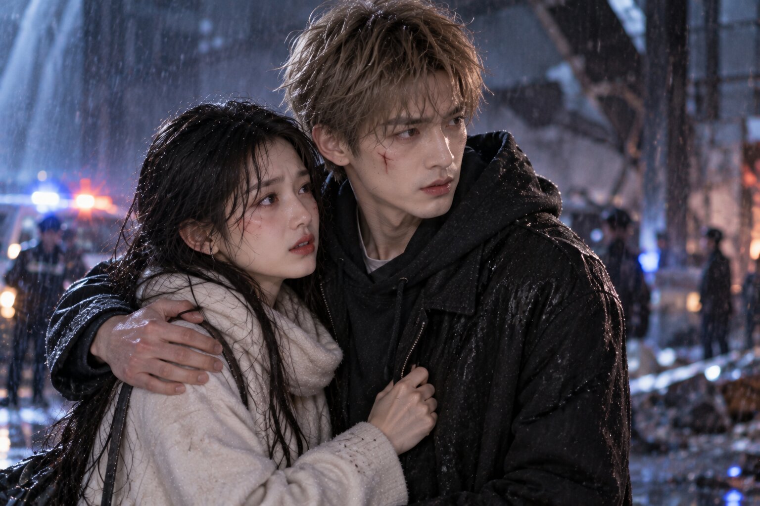 Lý Tuân và Chu Vận đứng cách xa nhau trong khung cảnh tối, giữa hai người là khoảng cách thể hiện thời điểm biến cố khiến tương lai và tình yêu của họ thay đổi