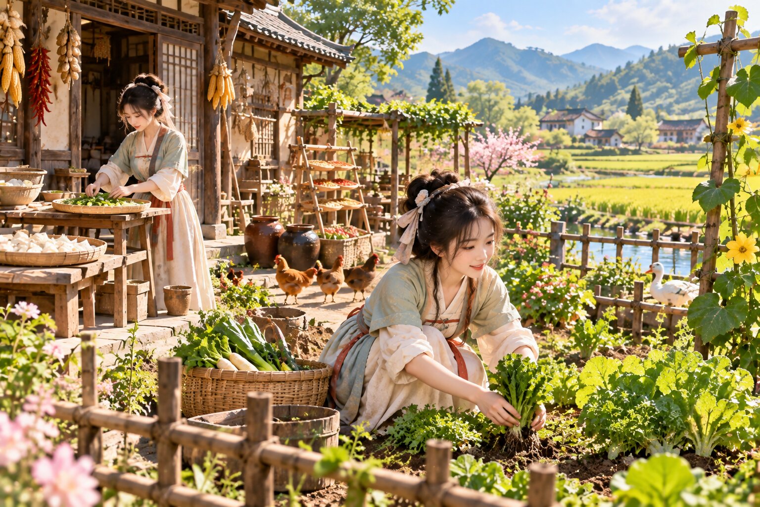 Nữ chính đang chăm sóc khu vườn bên căn nhà cổ, phía xa là ruộng lúa, núi xanh và các thành viên trong gia đình cùng làm việc