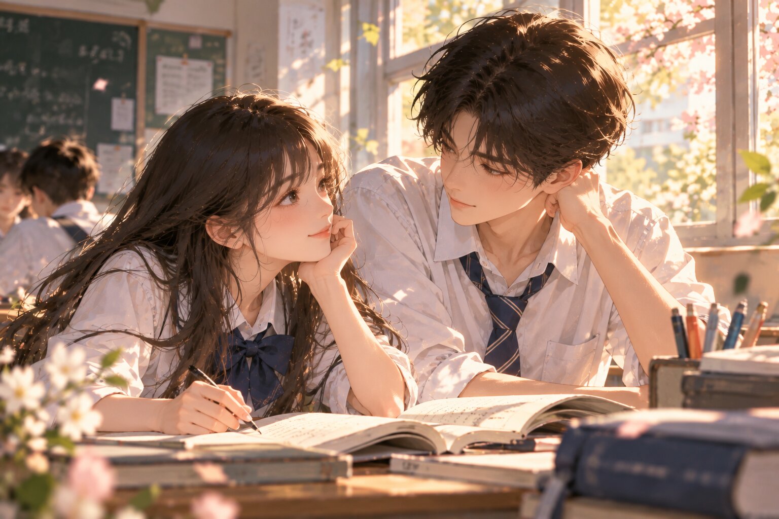 Nam nữ sinh cùng ngồi học bên cửa sổ lớp học, ánh nắng chiều chiếu vào bàn, giữa hai người là sách vở và những ánh nhìn đầy rung động