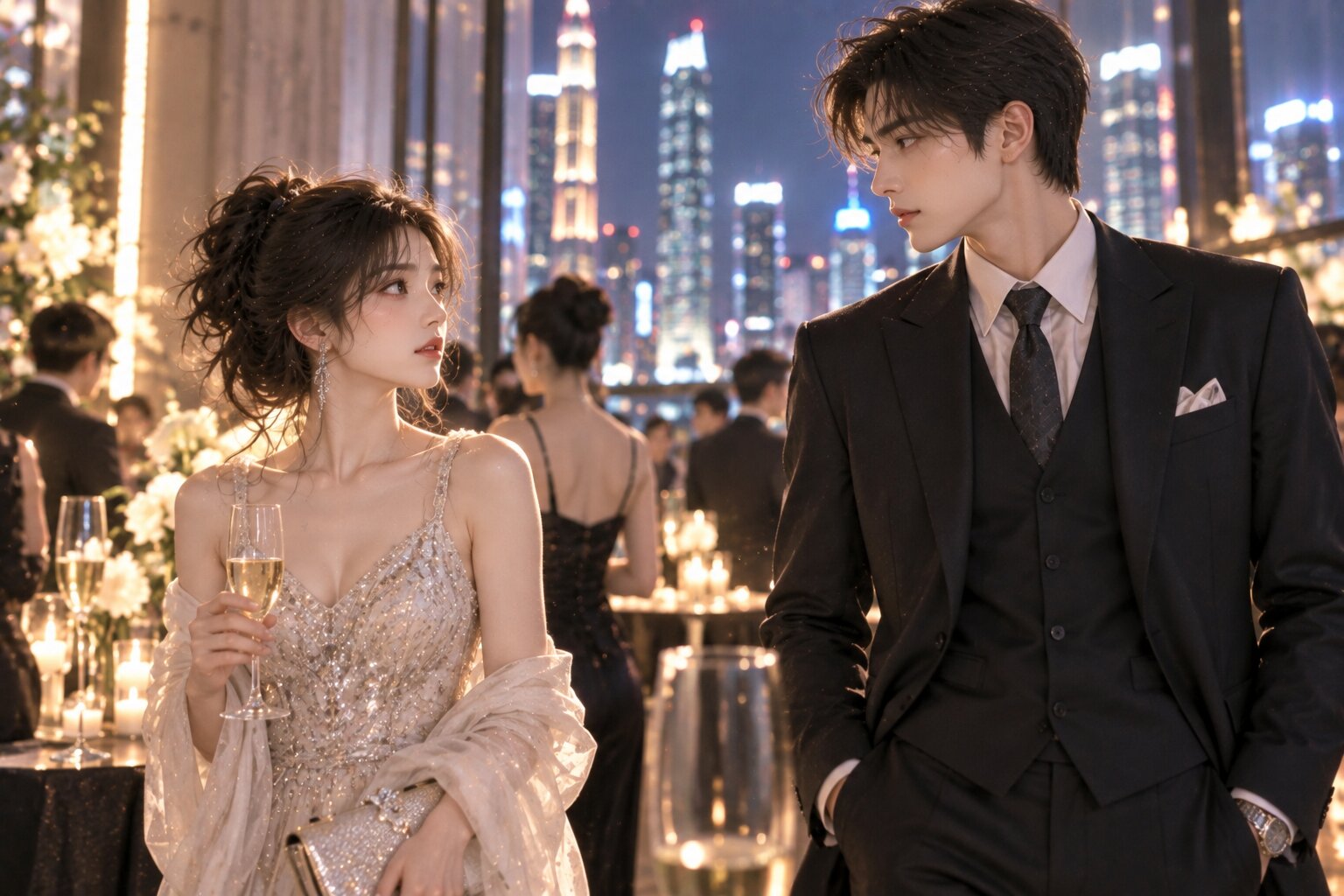 Hai nhân vật chính gặp nhau giữa không gian thành thị sang trọng, xung quanh là ánh đèn và những tòa nhà hiện đại, giữa họ vẫn còn khoảng cách nhưng đã bắt đầu chú ý đến nhau