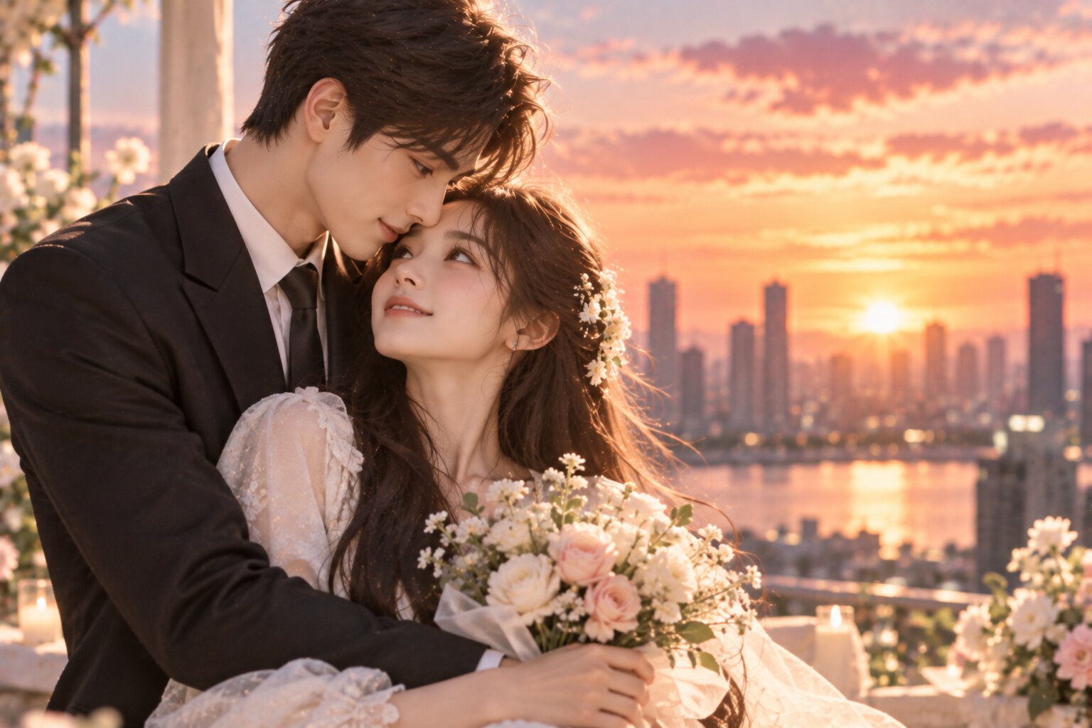 Hai nhân vật chính đứng cạnh nhau trong khung cảnh bình yên, ánh mắt thoải mái và cùng hướng về tương lai sau những thử thách