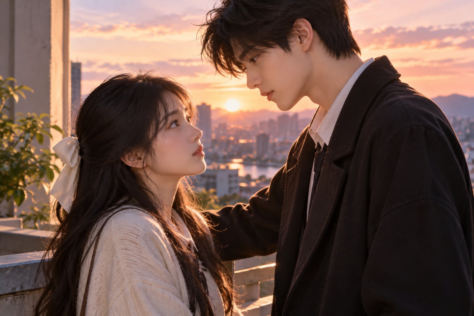 Thẩm Thiên Tình và Thẩm Hàn Vũ đứng cạnh nhau dưới bầu trời chiều, hai người gần nhau nhưng đều giữ khoảng cách, thể hiện tình cảm đã vượt khỏi sự thân thiết thông thường