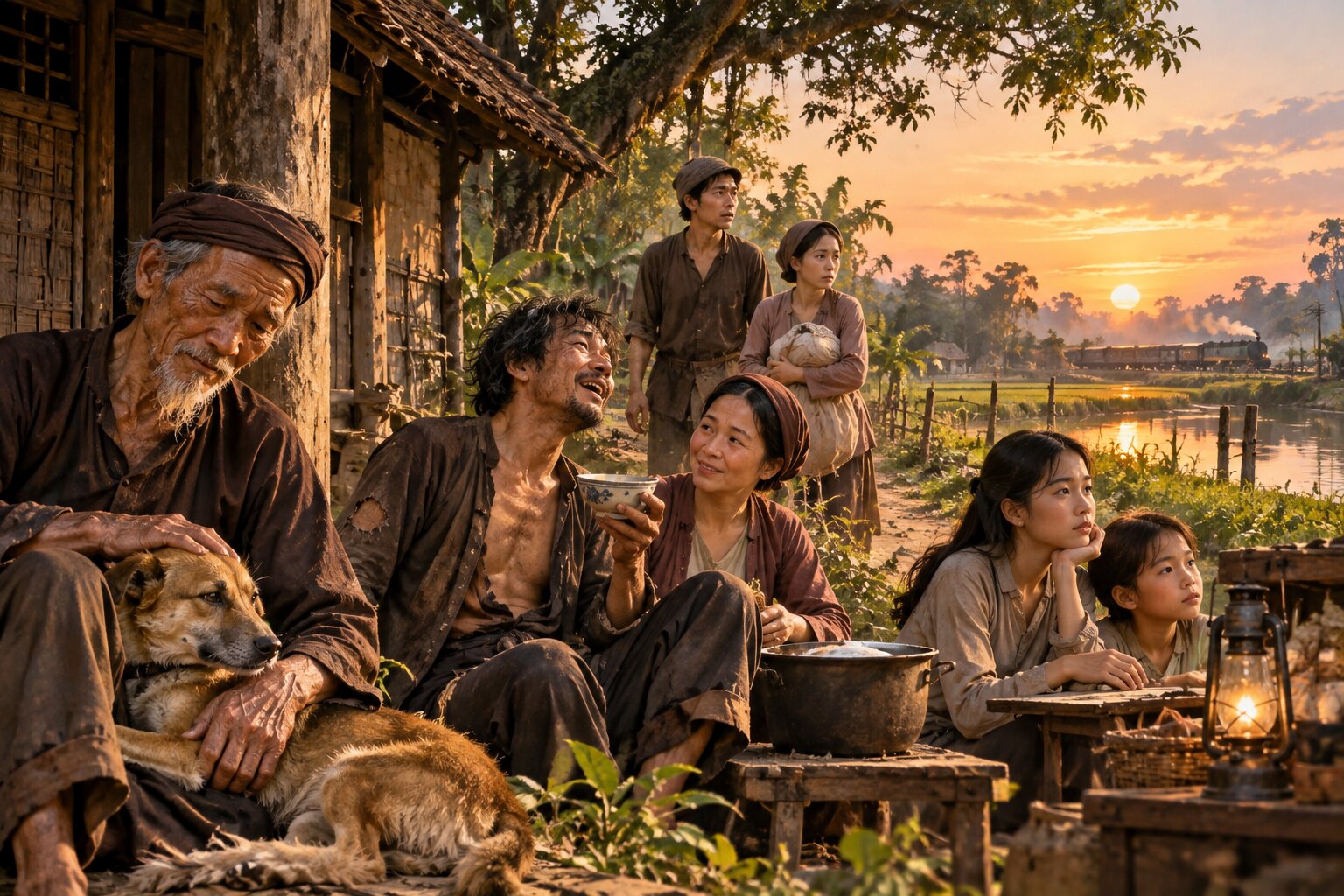 Khung cảnh làng quê Việt Nam xưa với những con người bình dị, ngôi nhà nhỏ, con đường làng và ánh chiều tạo cảm giác hoài niệm