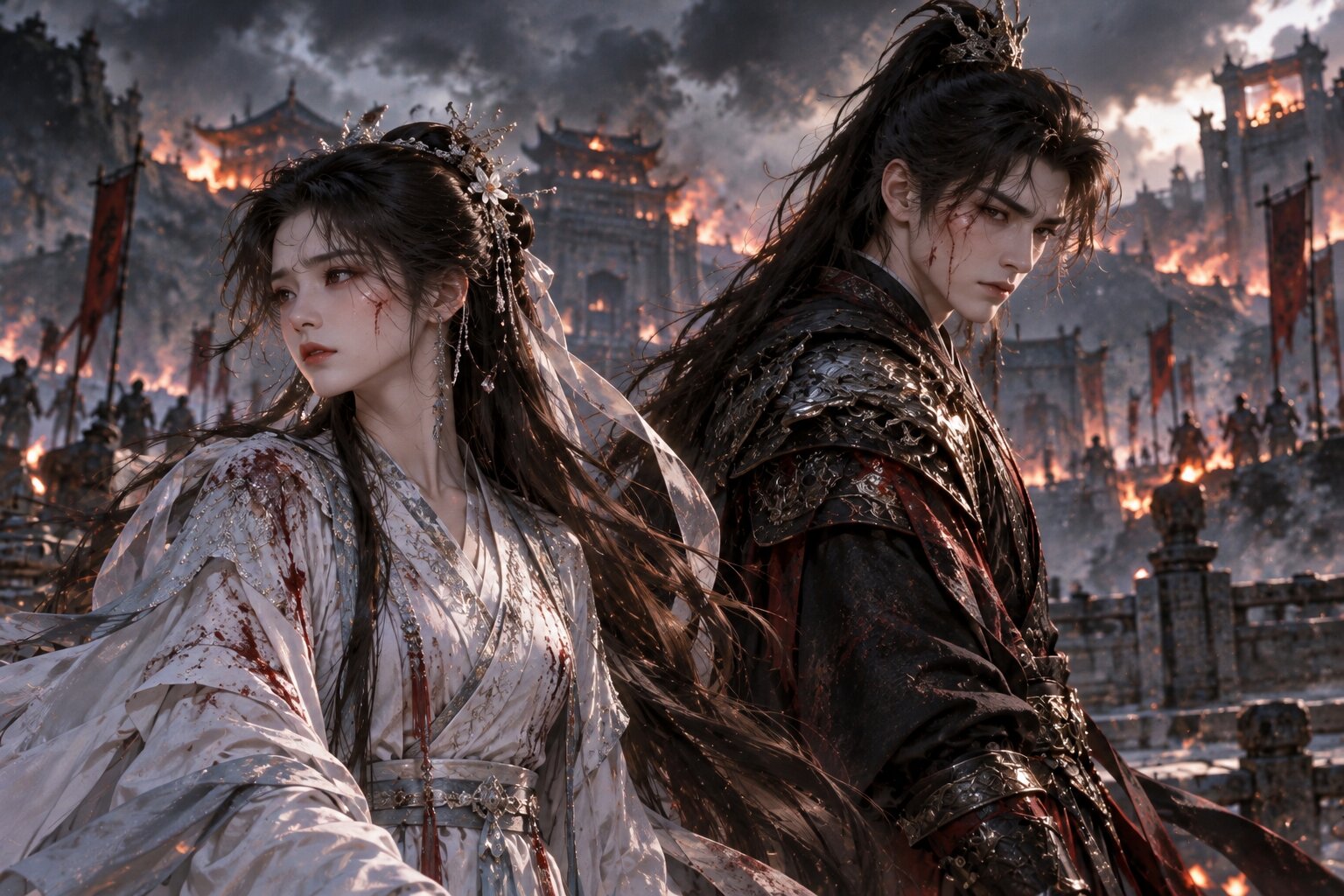 Minh Ý và Kỷ Bá Tể đứng giữa khung cảnh thành trì chìm trong mây đen, hai người cách nhau một khoảng, ánh mắt thể hiện sự giằng xé giữa tình cảm và trách nhiệm