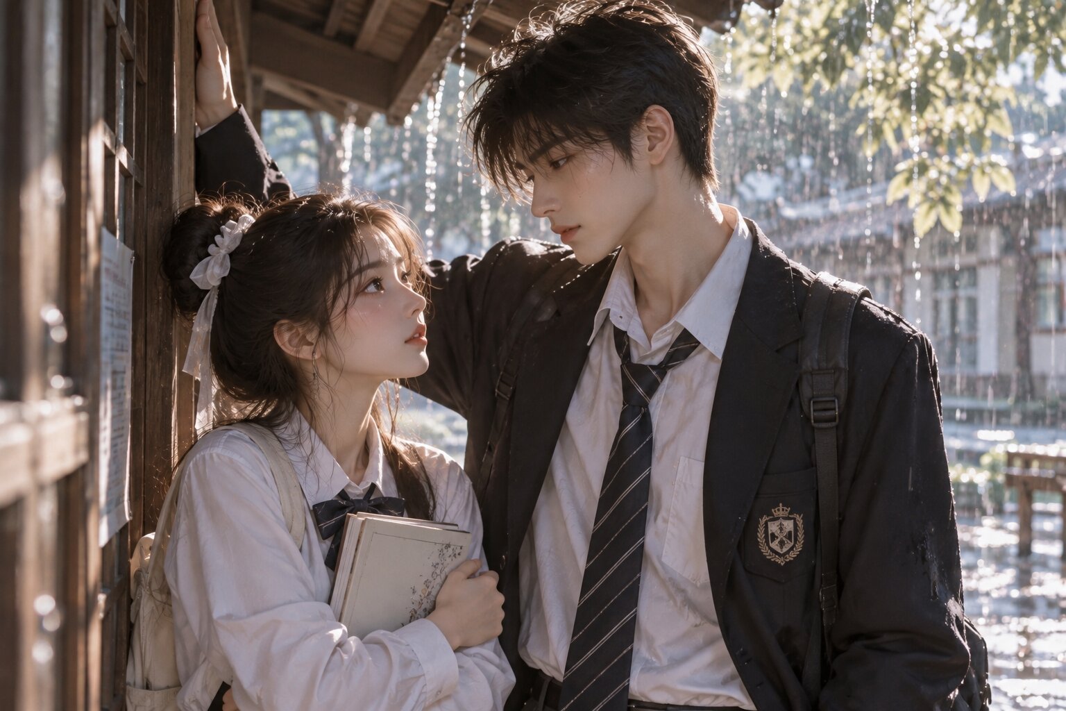 Chu Thanh Dao đứng cạnh Trình Tiêu dưới mái hiên trong một buổi chiều mưa, cô gái nhìn anh với ánh mắt dịu dàng, còn chàng trai ít nói âm thầm quan tâm đến cô