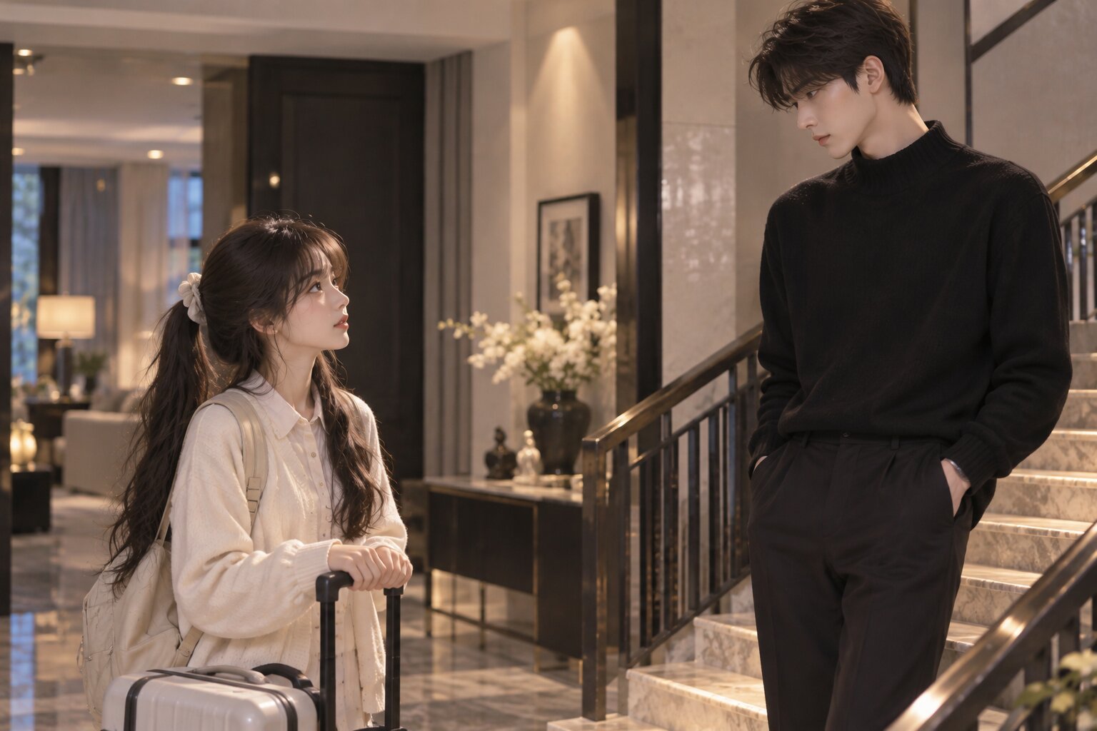 Thời Tuế đứng ở phòng khách với chiếc vali bên cạnh, ngước nhìn Yến Thính Lễ mặc áo len đen đứng trên cầu thang. Ánh mắt anh lạnh lùng, còn cô có phần bối rối trước cuộc gặp gỡ đầu tiên